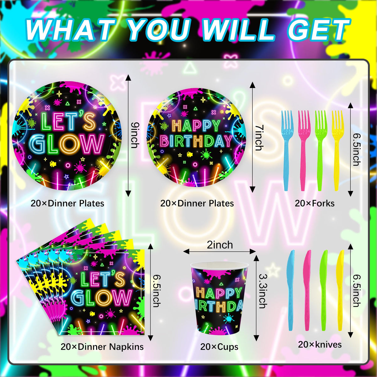 120PCS Let's Glow Party Supplies Neon Birthday Party Decorations for Kids Neon Glow in the Dark Tableware Set Plates Napkins Cups Forks Knives for 20 Guests