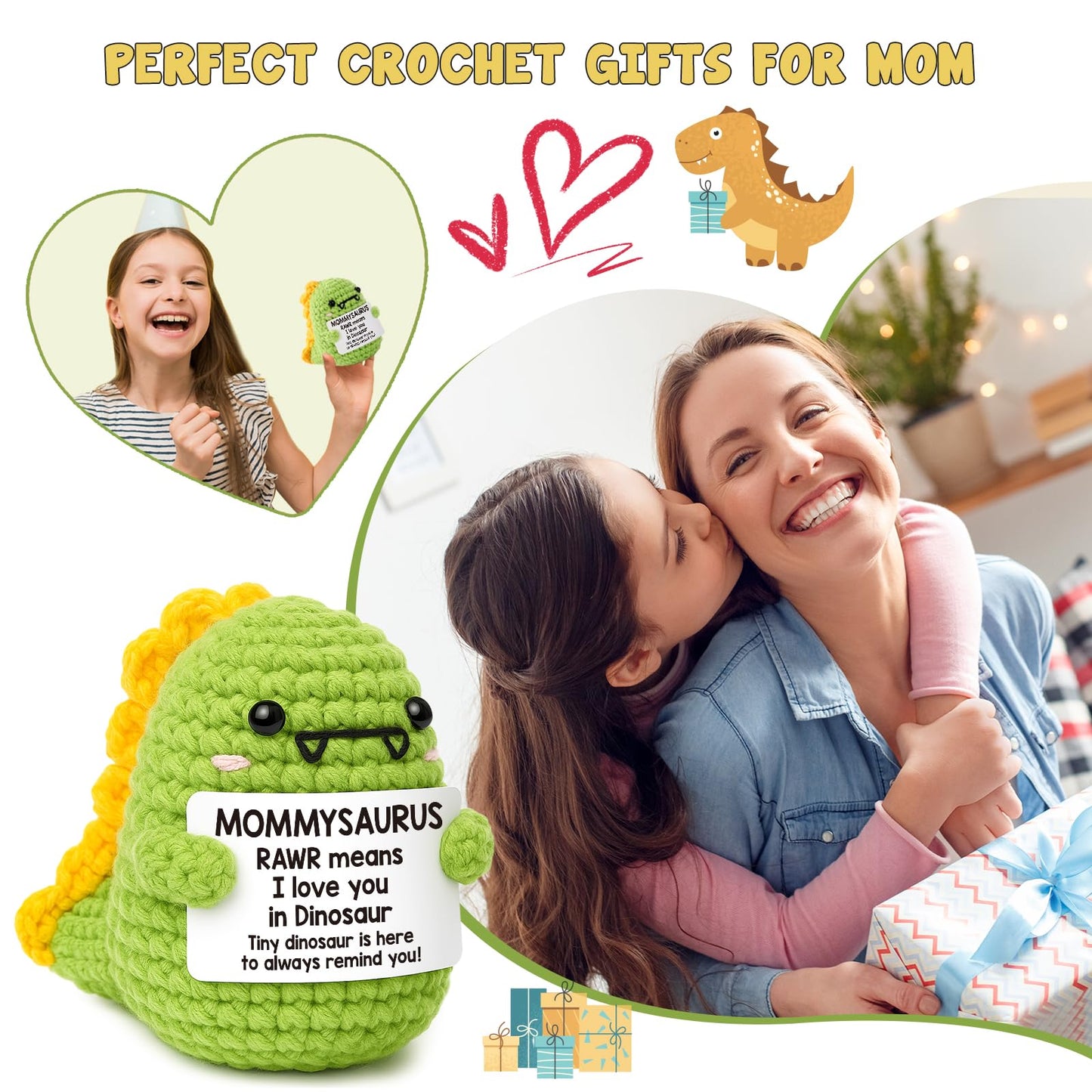 Mini Mothers Day Birthday Gifts for Mom I Love You Mommy Mother's Day Handmade Crochet Dinosaur Gift for Mama Mother- in- Law New Bonus Step Moms Best Mother Ever Gift from Daughter Son Husband