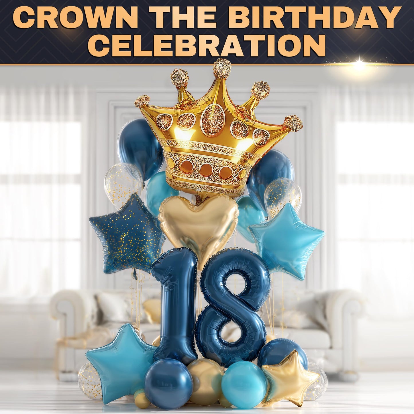 3 Pcs 38" Gold Crown Balloons – Large Gold Balloons with Royal Crown Shape, Reusable Aluminum Foil – Eye Catching Centerpiece for Princess Party Decor, Birthday Setup, Graduation and Photo Backdrop