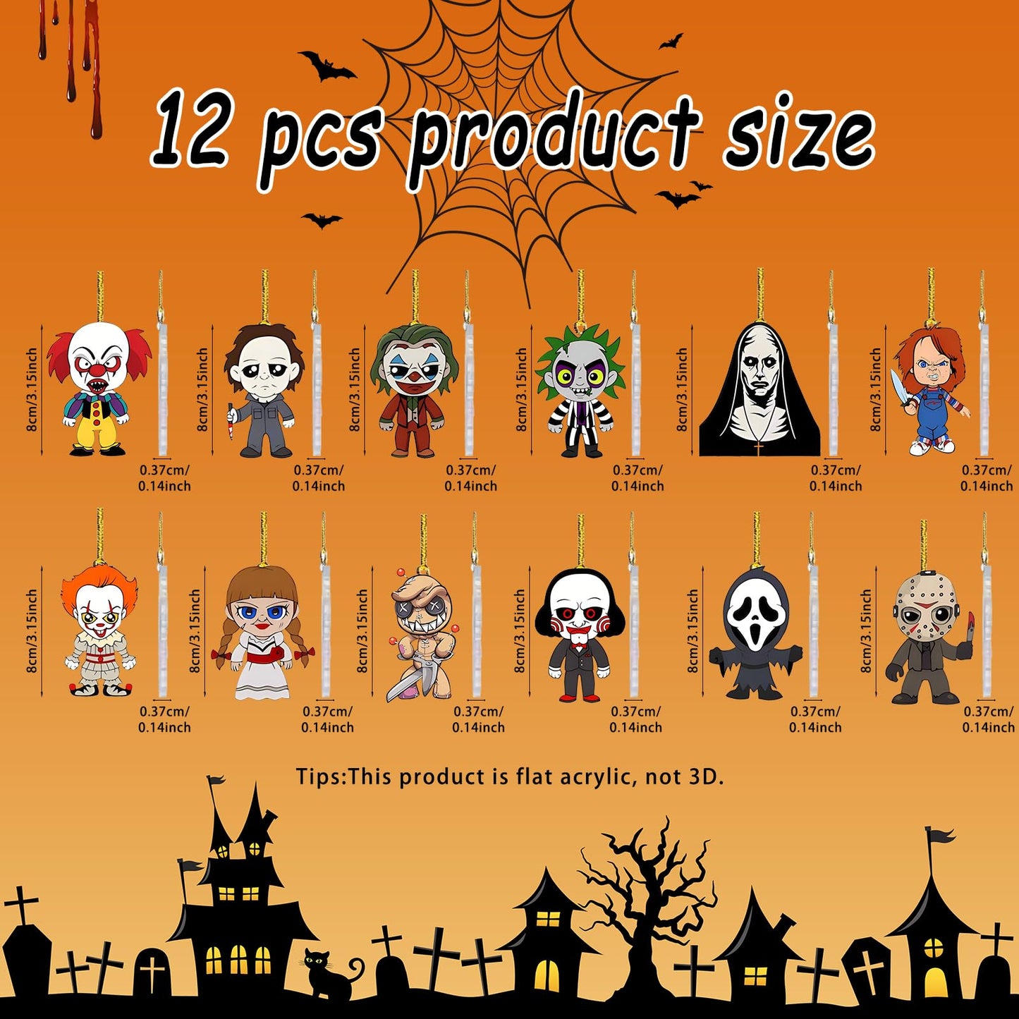 Halloween Tree Decoration - 12 Pcs Acrylic Pendant, Large Scary Movie Characters, Funny Cartoon Ornament