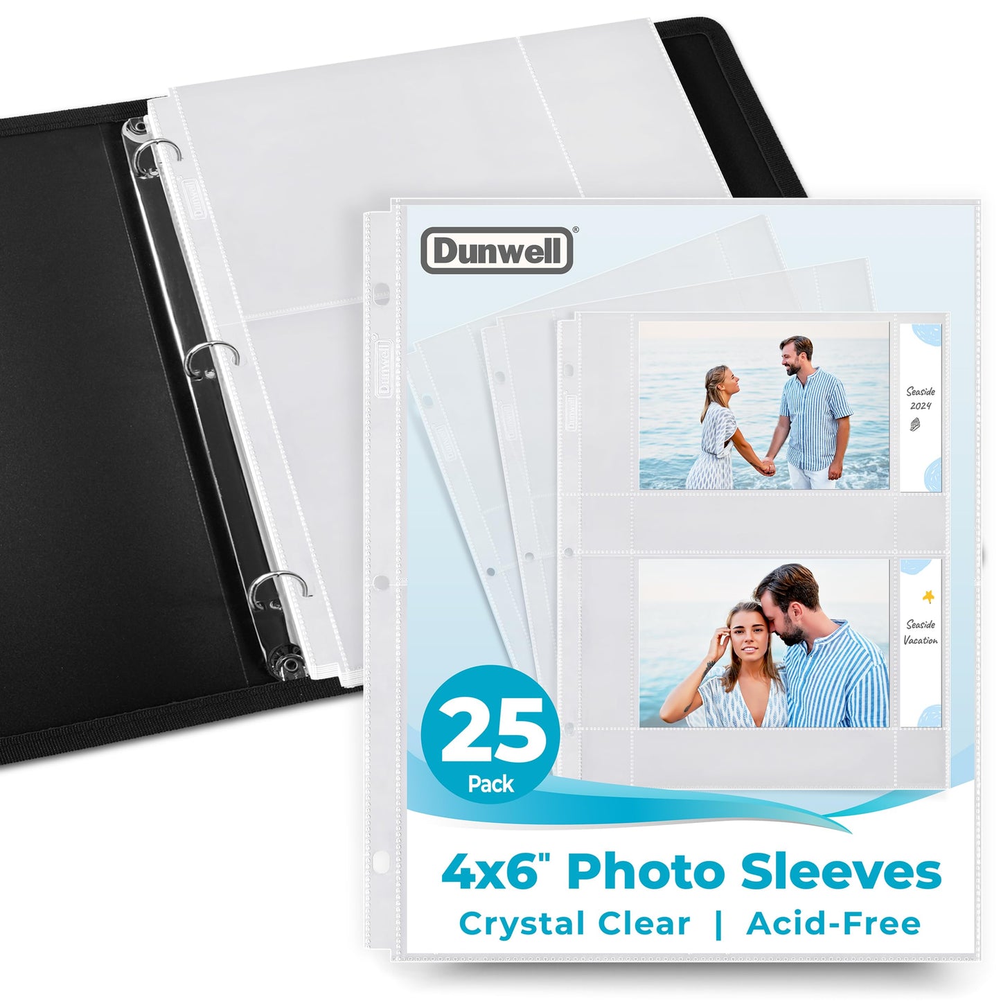 Dunwell 4x6 Photo Sleeves for 3-Ring Binder, (Horizontal, 25 Pack) for 100 Pictures, Each Sheet Holds Four 4 x 6 Pictures or Postcards, Acid-Free Poly Photo Album Refill Pages