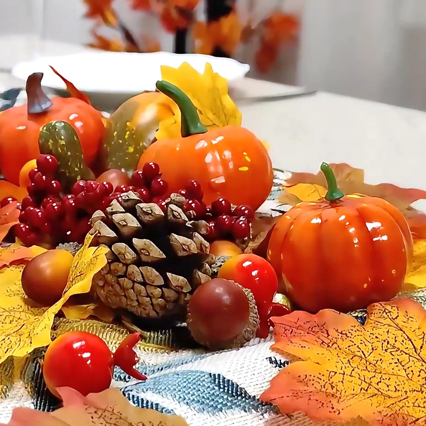 winemana Thanksgiving Harvest Mini Artificial Pumpkins, 30 Maple Leaves 10 Acorns 2 Pinecones 8 Pumpkins 2 Red Berry 5 Pomegranate Pumpkin Decoration for Fall Autumn Harvest Day, Set of 57