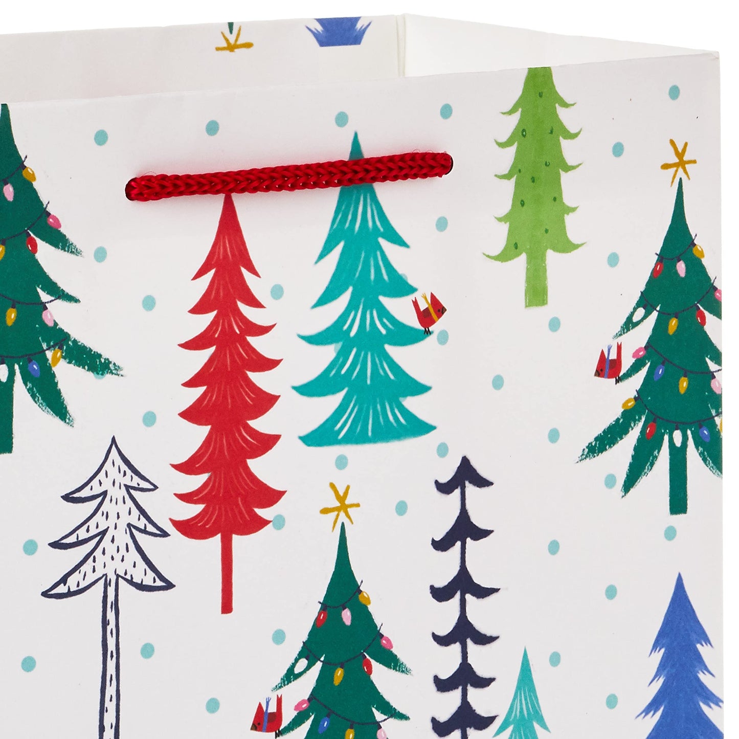 9" Christmas Gift Bags (6 Medium Bags, 3 Designs: Red Polka Dot, Colorful Trees, Navy Snowflake) for Holiday Partes, Winter Weddings, Birthdays