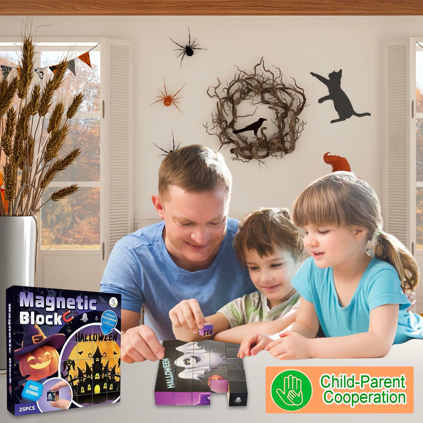 Magnetic Blocks Building Toy,Ritastar 25pcs Mine Stacking Magnet Build Cubes Cartoon Pattern World,STEM Sensory Construction Toys for Kids Gift,Educational Jigsaw Puzzle Set with 3D Halloween Designs