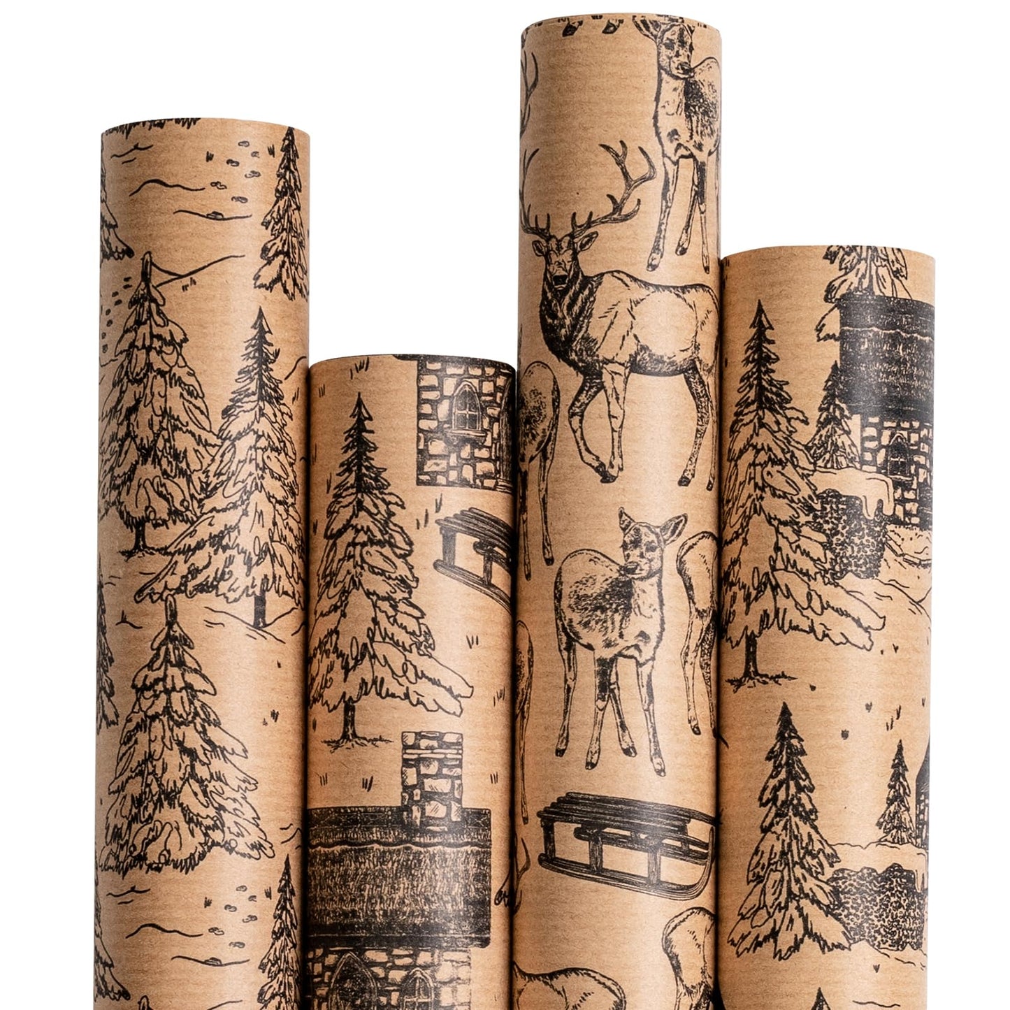 Christmas Wrapping Paper - Black Sketch Design - 4 Rolls - 30 Inches x 10 Feet Per Roll