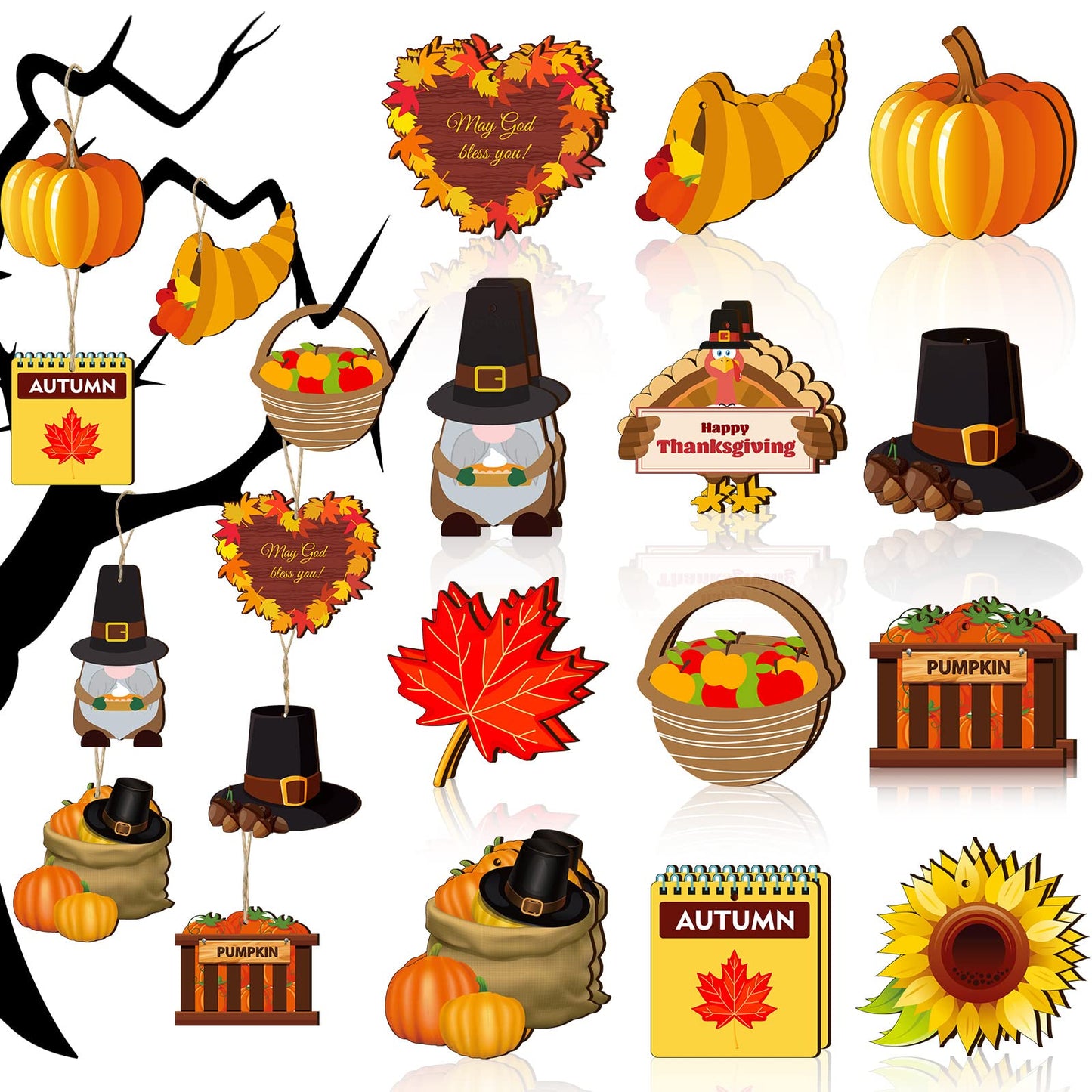24 Pieces Thanksgiving Ornaments for Tree Fall Tree Decorations Pumpkins Leaves Wooden Hanging Ornaments Gnomes Turkey Cutouts Autumn Thanksgiving Decoration for Holiday Party Supply