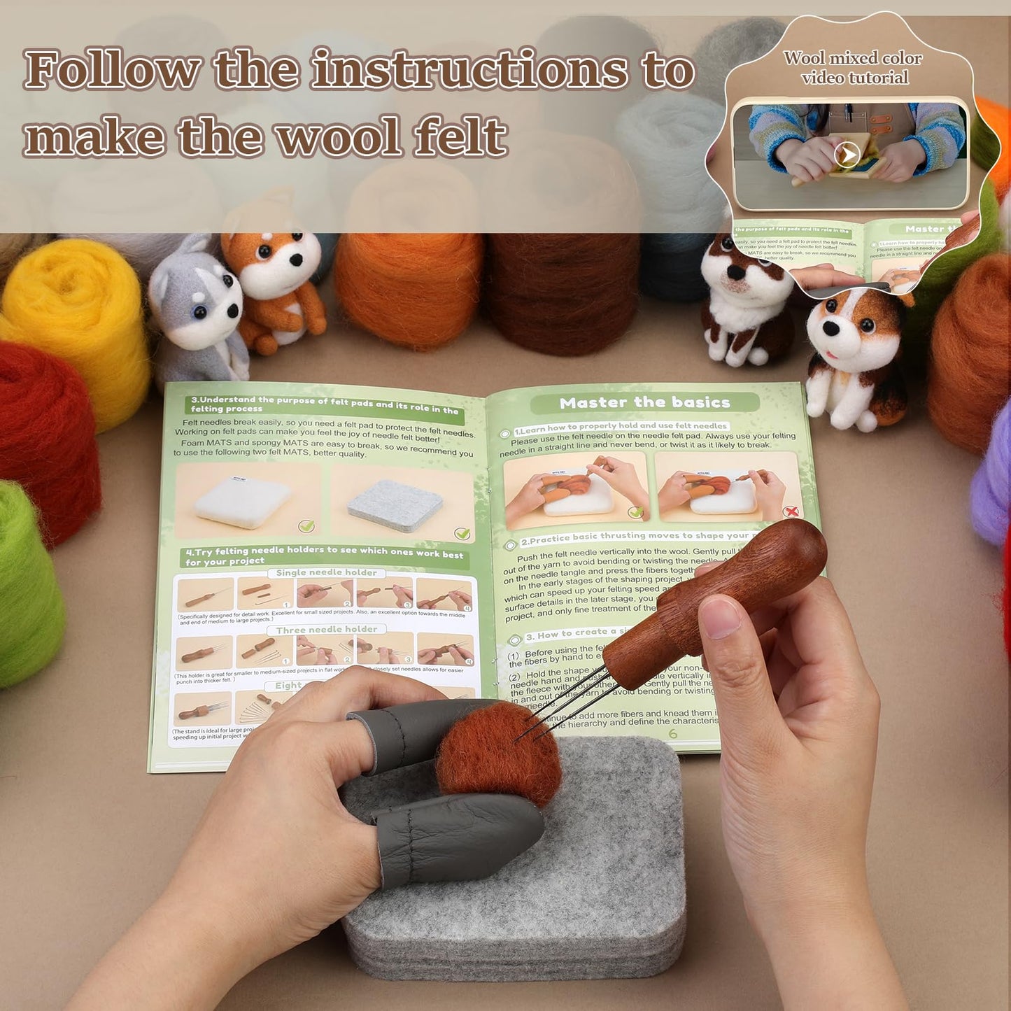 Needle Felting Kit, 24 Colors Felting Wool Kit with Felt Bag, Felting Needles, Pad, Felting Wool Bulk for DIY Needle Felting Beginner with Step by Step Instructions