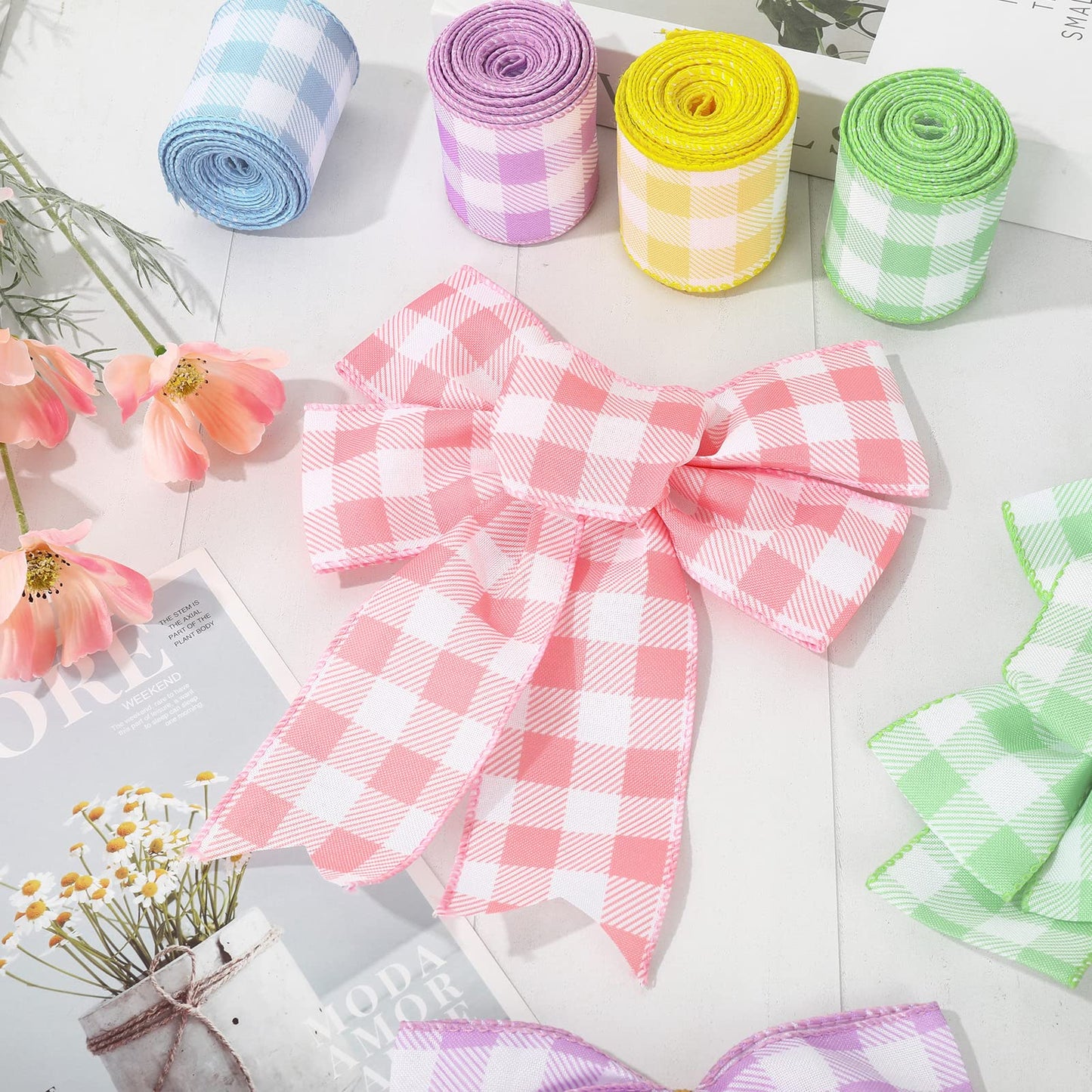Spring Wired Edge Ribbon 30 Yards Pastel Buffalo Plaids Craft Ribbon Light Blue Yellow Pink Purple Green Decorative Fabric Ribbon for Easter Wreath Bow Making DIY Crafts Wrapping, 5 Roll