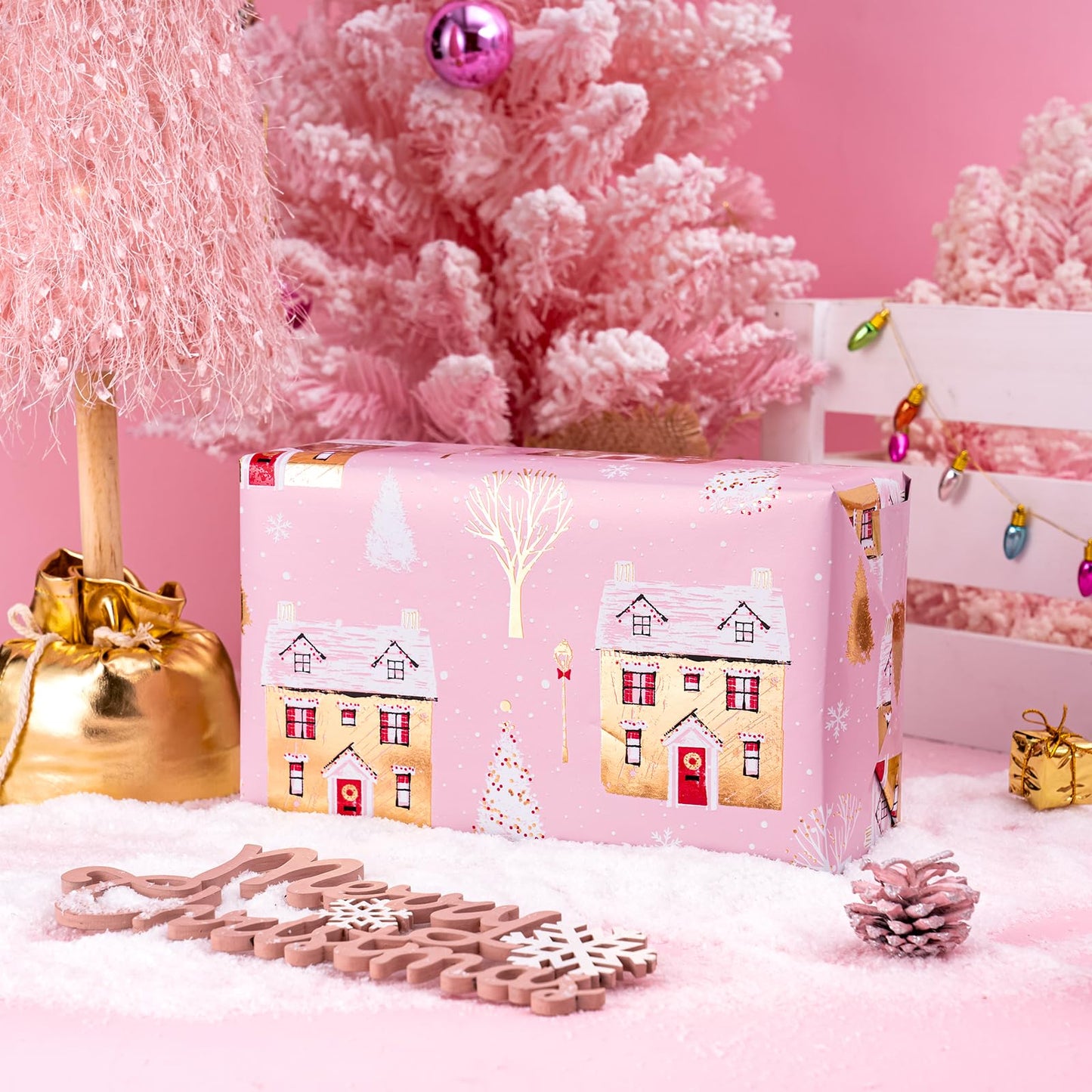 Reversible Christmas Wrapping Paper - Mini Roll - 17 Inch x 33 Feet - Pink House and Solid Pink Wrapping Paper with Metallic Foil Shine for Chrsitmas, Holiday, Party