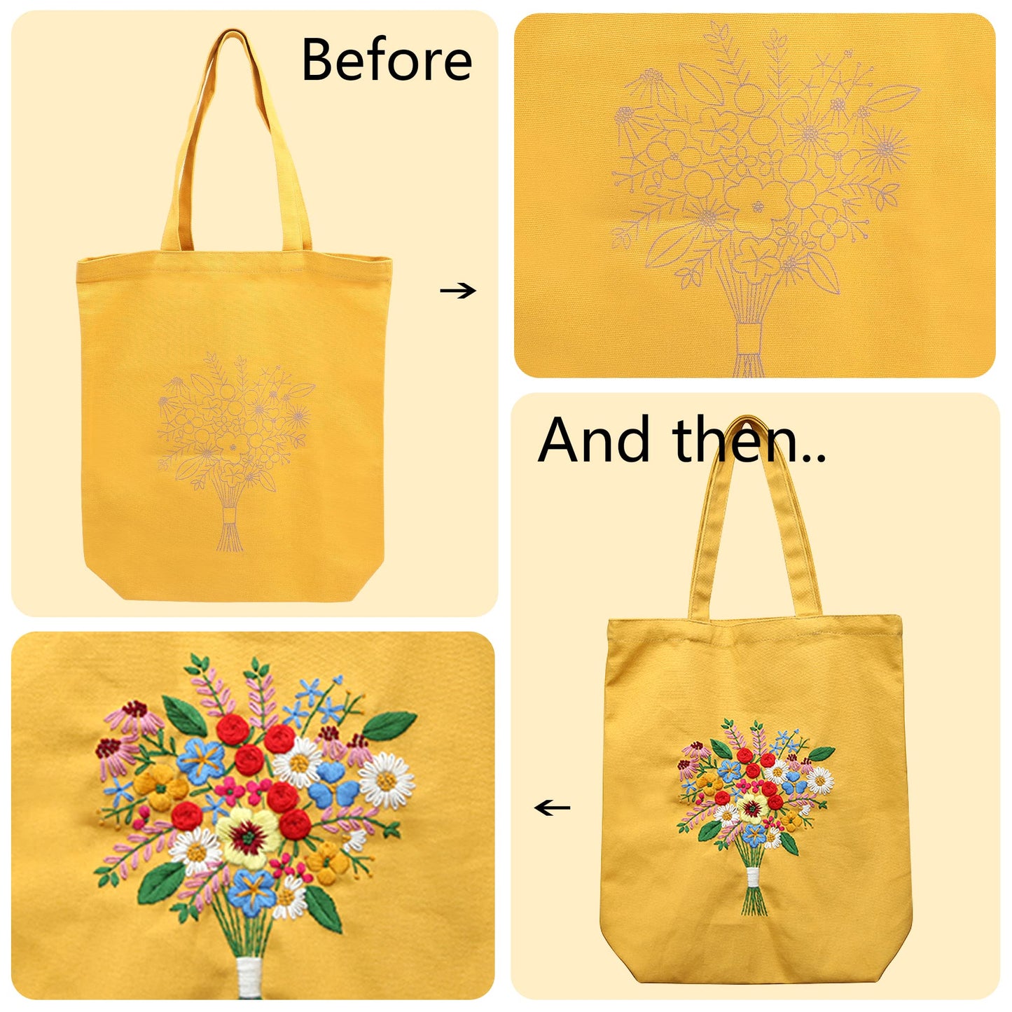 Canvas Tote Bag Embroidery Kit with Pattern for Beginners, Arts and DIY Crafts Kits for Adults, Include Instructions Embroidery Bag, Embroidery Hoops, Color Threads and Tool (Yellow)