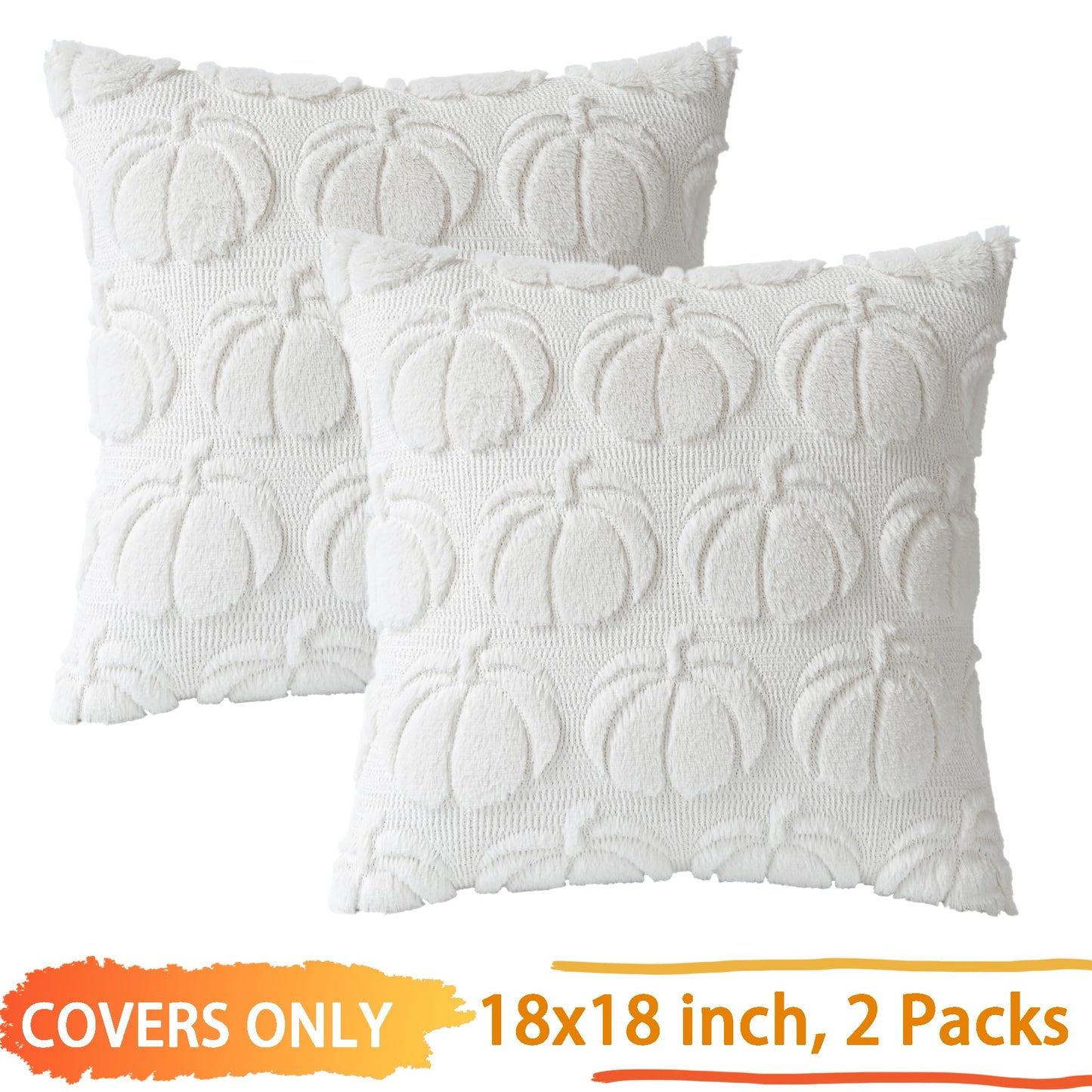 COSIBONO Pumpkin Fall Decorative Throw Pillow Covers 18"x18", Set of 2 Cream White Soft Faux Fur Pillow Covers for Autumn Harvest, Fluffy Plush Accent Pillow Cases for Farmhouse Couch Cushion Covers
