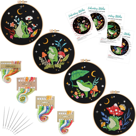 4 Set Frog Embroidery Kits for Beginners,Cross Stitch Kit for Adults,Starters DIY Needlepoint Including Embroidery Cloth with Art Mushroom Pattern and Instructions