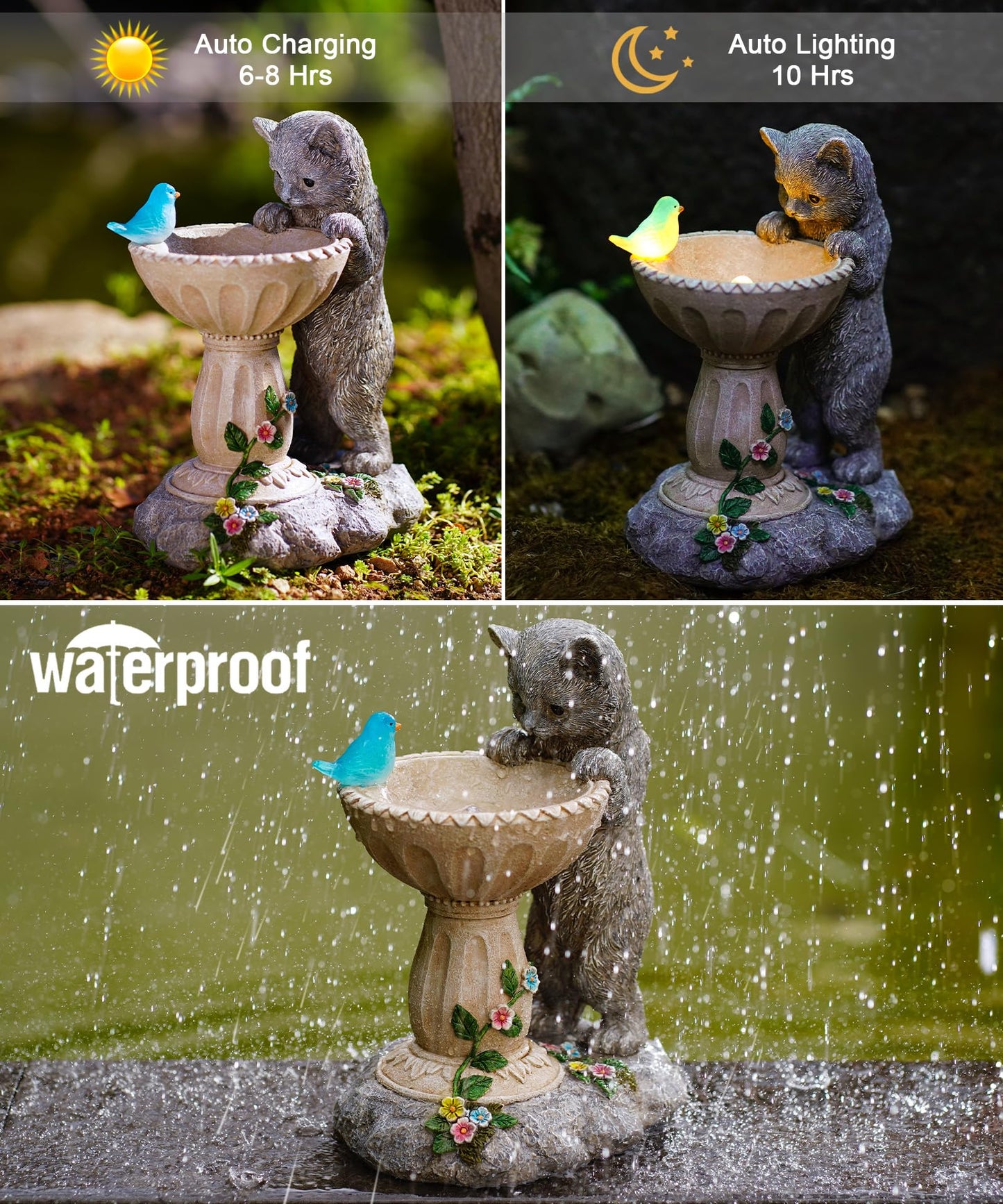 Nacome Solar Cat Statue for Garden Decor: IP44 Weatherproof Resin with Automatic Lighting - No Installation- Outdoor Yard Patio Balcony Art - Birthday Gifts for Bird Lovers Mom Grandma Women