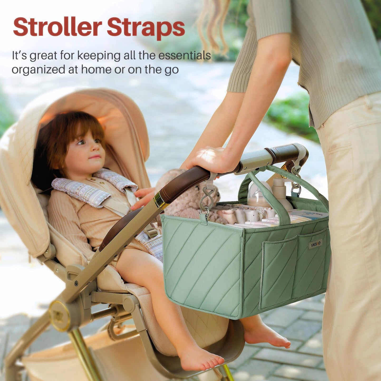 VKSAO Baby Essentials Diaper Caddy Organizer – Portable Storage Basket with Shoulder Strap & Stroller Hooks, Splashproof Quilted Nursery & Car Tote, Gender Neutral Gifts for Baby Shower, Sage Green