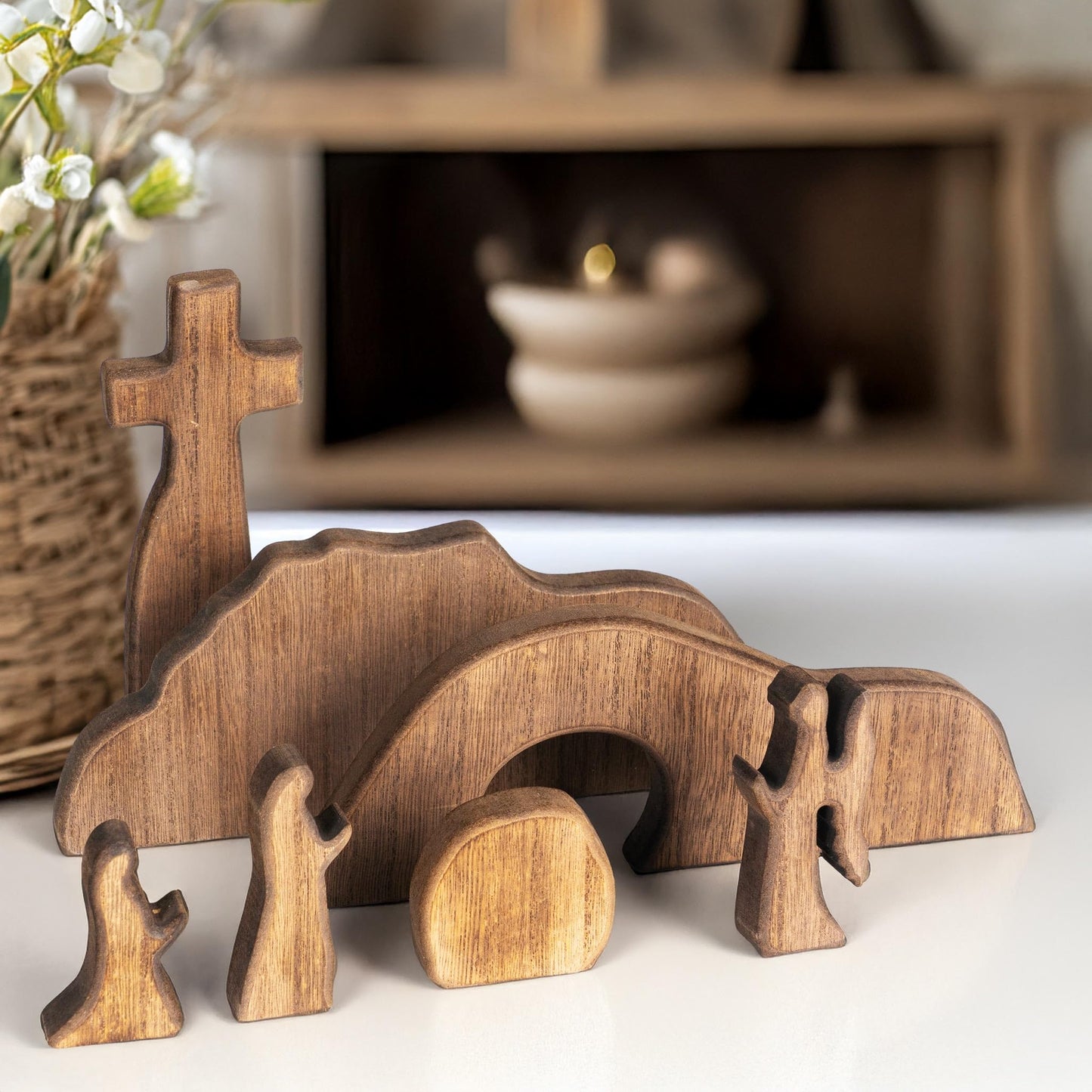 Empty Tomb Easter Scene and Cross Decoration, Wooden Easter Resurrection Scene Cross Jesus Tomb Tray Set, Jesus Nativity Scene Decor for Religious Home Office Tabletop Christian Gifts