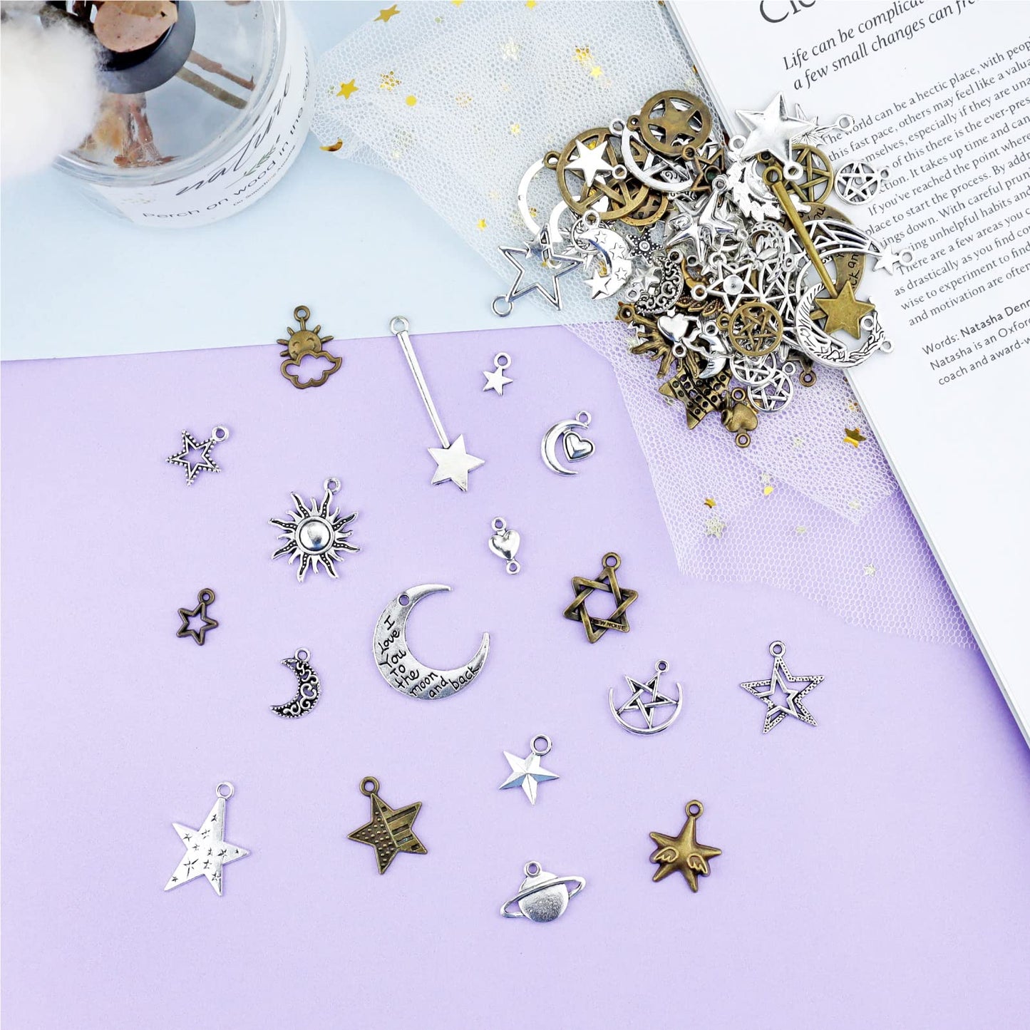 JIALEEY Celestial Mixed Sun Moon Star Charms, Wholesale Bulk Lots Antique Alloy Charms Pendants DIY for Necklace Bracelet Jewelry Making and Crafting, 100g(74PCS)