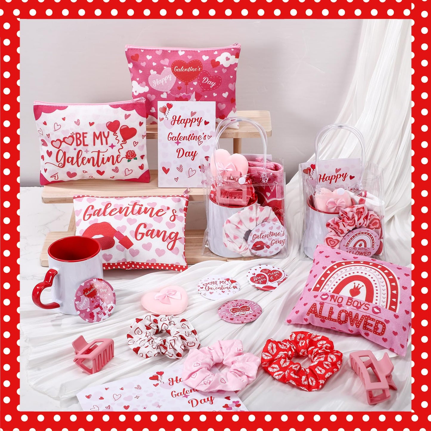 48 Pcs Galentine's Day Gifts Set Include Hairpin, Hair Scrunchies, Mug, Makeup Bags, Cards, Makeup Puff, Clear Gift Bag, Mirrors for Women Galentines Day Party Favors Bestie Valentine Friend