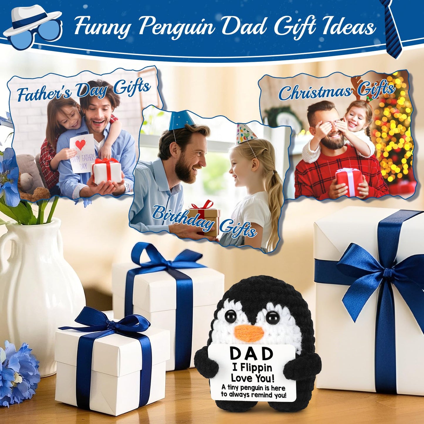 Fathers Day Dad Gifts from Daughter Son Birthday, Handmade Crochet Penguin Father's Day Dad Birthday Gifts, Mini Funny I Love You Gift for Dads Bonus Step Daddy Father Mens Positive Cute Decor