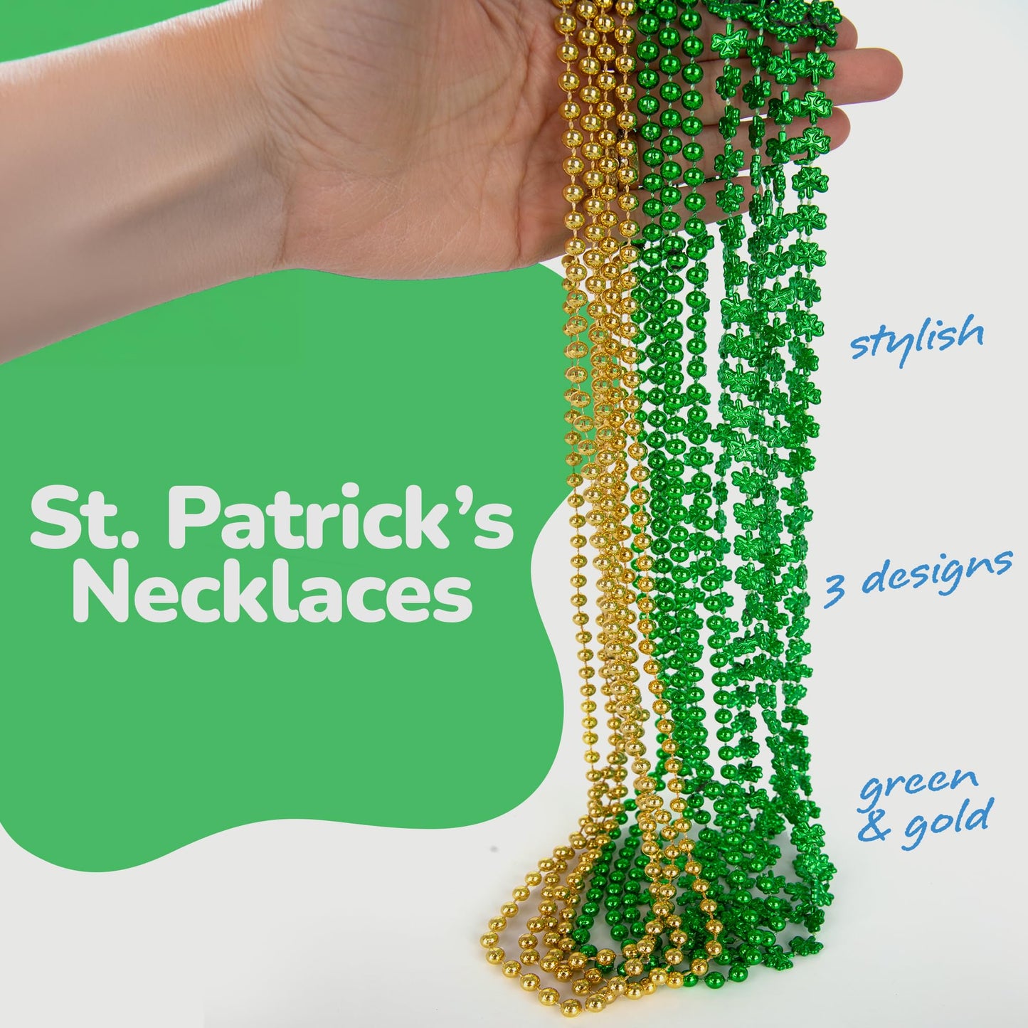 St Patrick’s Day Beads Necklaces - Set of 12 33' Necklaces - St Patricks Day Accessories - Shamrock Green Day Beaded Necklace for Mardi Gras Decor, Irish Throw Costume Party
