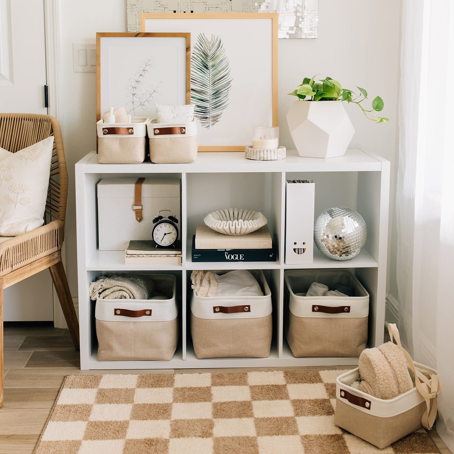 Large Fabric Storage Baskets for Shelves 3 Pack, 15x11in Closet Storage Bins for Shelves, Cloth Baskets for Organizing, Linen Closet Organizers, Fabric Basket, Beige/White