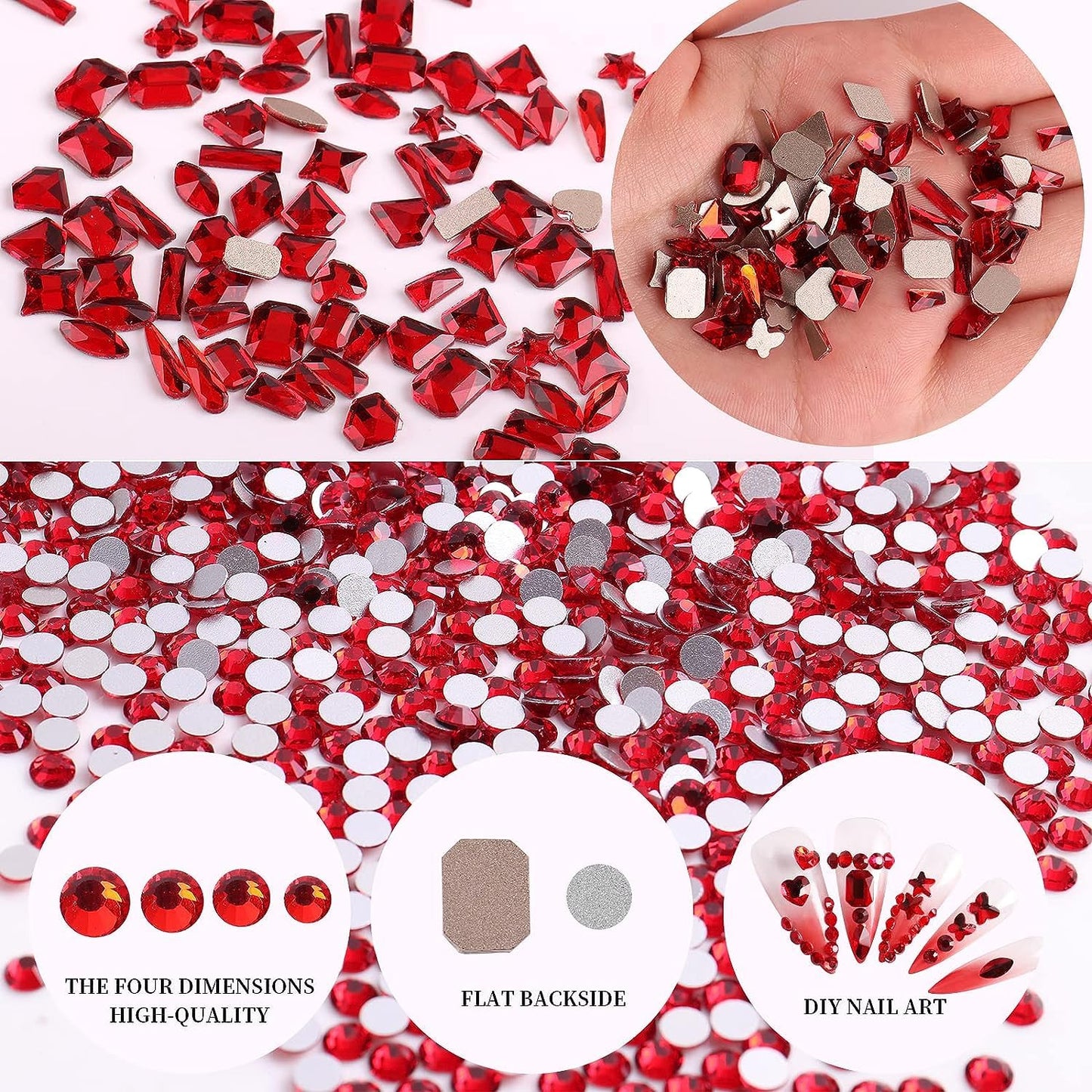 2680 Pcs 3D Red Nail Rhinestones, 120Pcs Big Red Glass Crystal Nail Gems Stones Charms Stones with Bling Diamond Flatback Round Beads, Clear Charm Jewelry for DIY Face Craft Decoration
