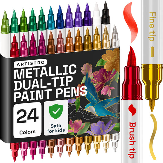 24 Metallic Acrylic Paint Markers - Paint Pens for Drawing, Brush + Fine Tips - For Fabric, Rock, Glass, Wood, Eggs - Art & Craft Supplies for Adults, Teens, Kids - Easter Basket Stuffers