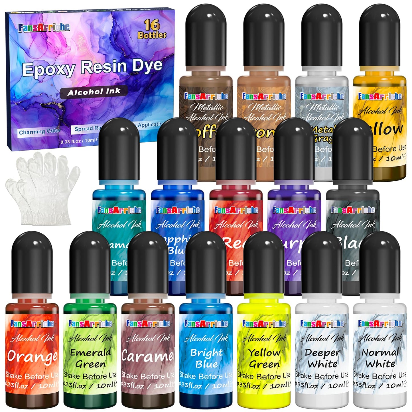 FansArriche Alcohol Inks for Resin, 16 Colors High Concentrated Alcohol Ink Set for Epoxy Resin, Alcohol-Based Resin Ink for Coasters, Fluid Painting Crafts, Tumbler Making, 10 ml Each
