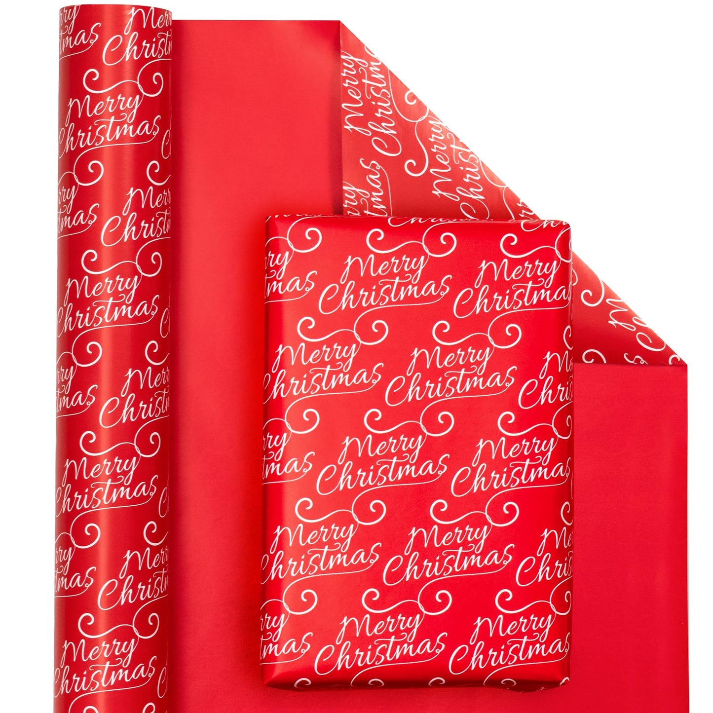 Reversible Red Christmas Wrapping Paper - Mini Roll - 17 Inch x 33 Feet - Merry Christmas and Solid Red Wrapping Paper for Holiday, Party Celebration
