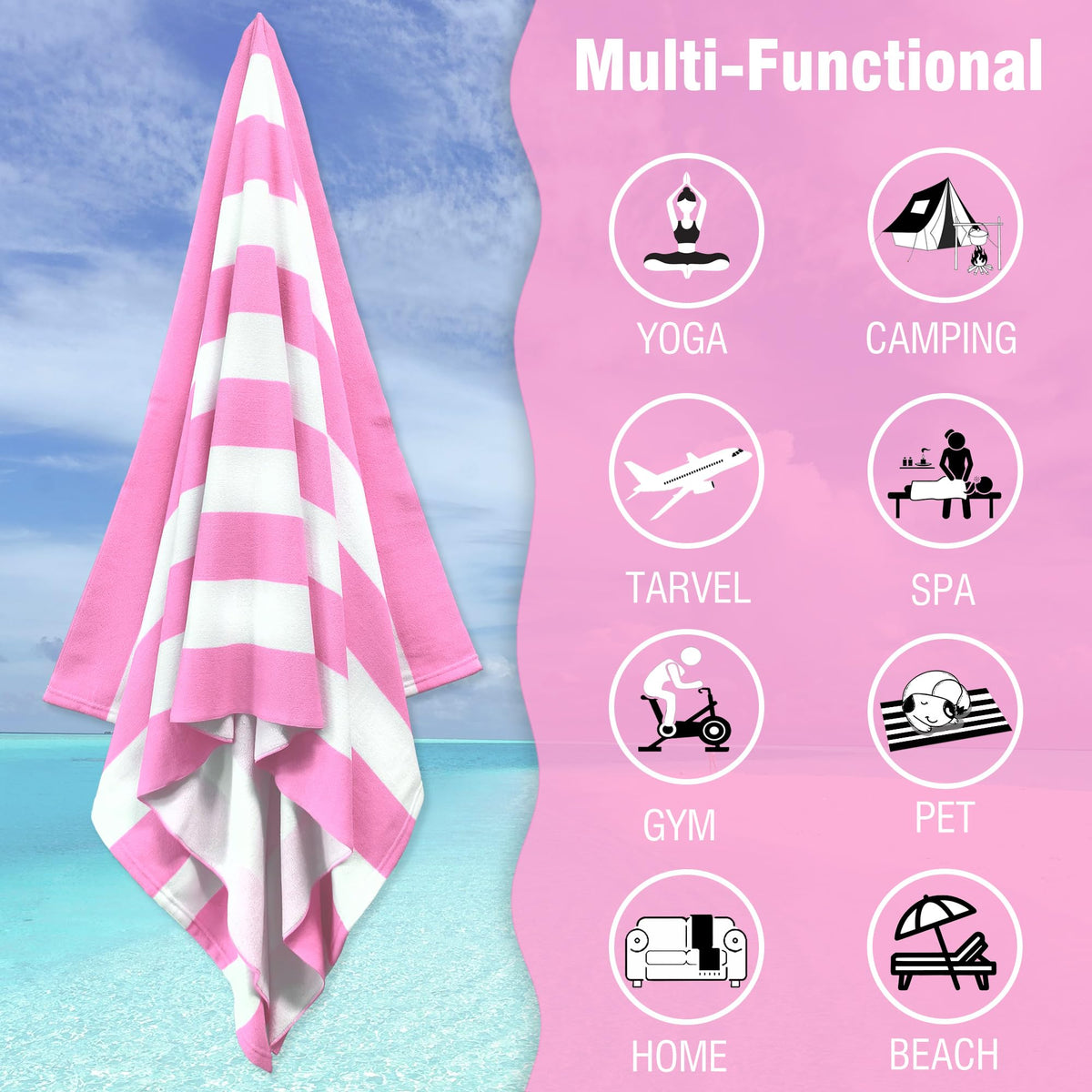 HENBAY Large Oversized Beach Towel - 35 x 70 Inch Microfiber Pool Towel, Pink Striped Quick Dry Cabana Swim Towel
