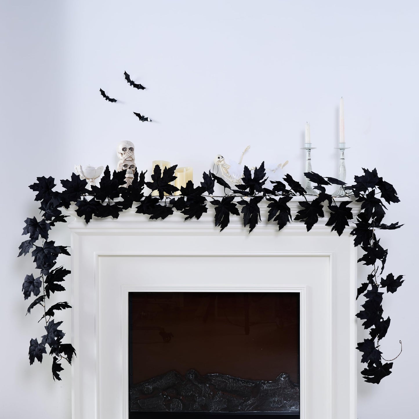 Valery Madelyn 9ft Halloween Garland with Lights, Thick Pre-Lit Light Up Black Maple Leaf Garland Halloween Decor for Mantle Fireplace Table Home Indoor
