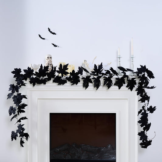 Valery Madelyn 9ft Halloween Garland with Lights, Thick Pre-Lit Light Up Black Maple Leaf Garland Halloween Decor for Mantle Fireplace Table Home Indoor