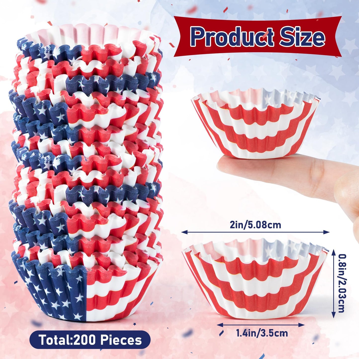 COcnny American Mini Cupcake Liner - 200pcs 4th of July Small Muffin Cups Paper Wrappers for Baking, Patriotic American Flag Red White and Blue Cake Chocolate Candy Wrap for Memorial Independence Day