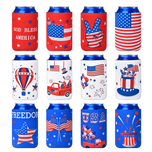 4th of July Decorations, 12 PCS Can Cooler Sleeves for Independence Day Accessories, Patriotic Party Favors, Collapsible Insulation Cover for Memorial Day Fourth of July Decorations Outdoor Indoor