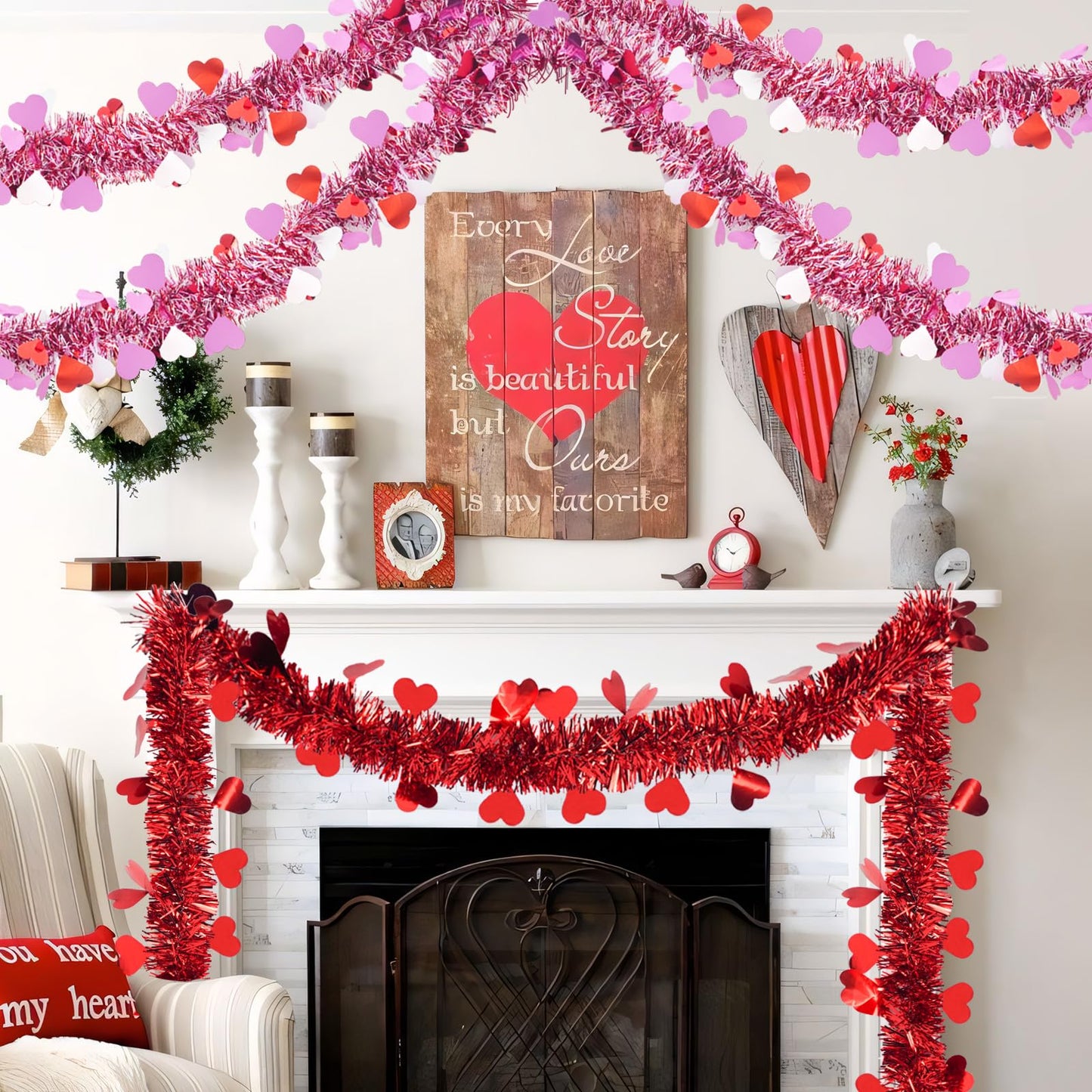 66 Feet Valentine Tinsel Garland Decoration 2 Pack Hanging Metallic Red Pink Heart Garland for Mantle Wedding Festival Valentine's Day Indoor Outdoor Decor