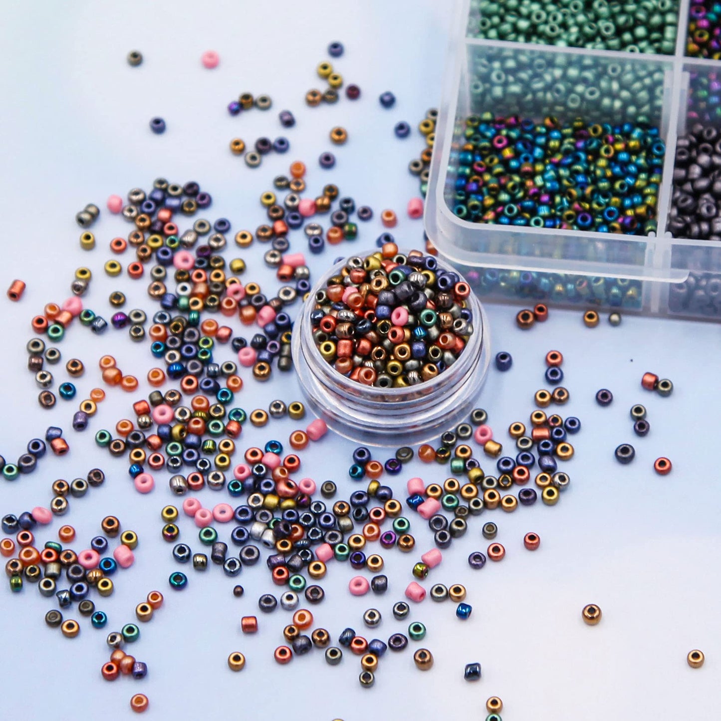 EuTengHao 8/0 Glass Seed Beads Kit, 3mm Metal Color Waist Beads, 24Colors Small Pony Beads with String for Bracelet Necklace Earring Jewelry Making (14405PCS, 600 Per Color)