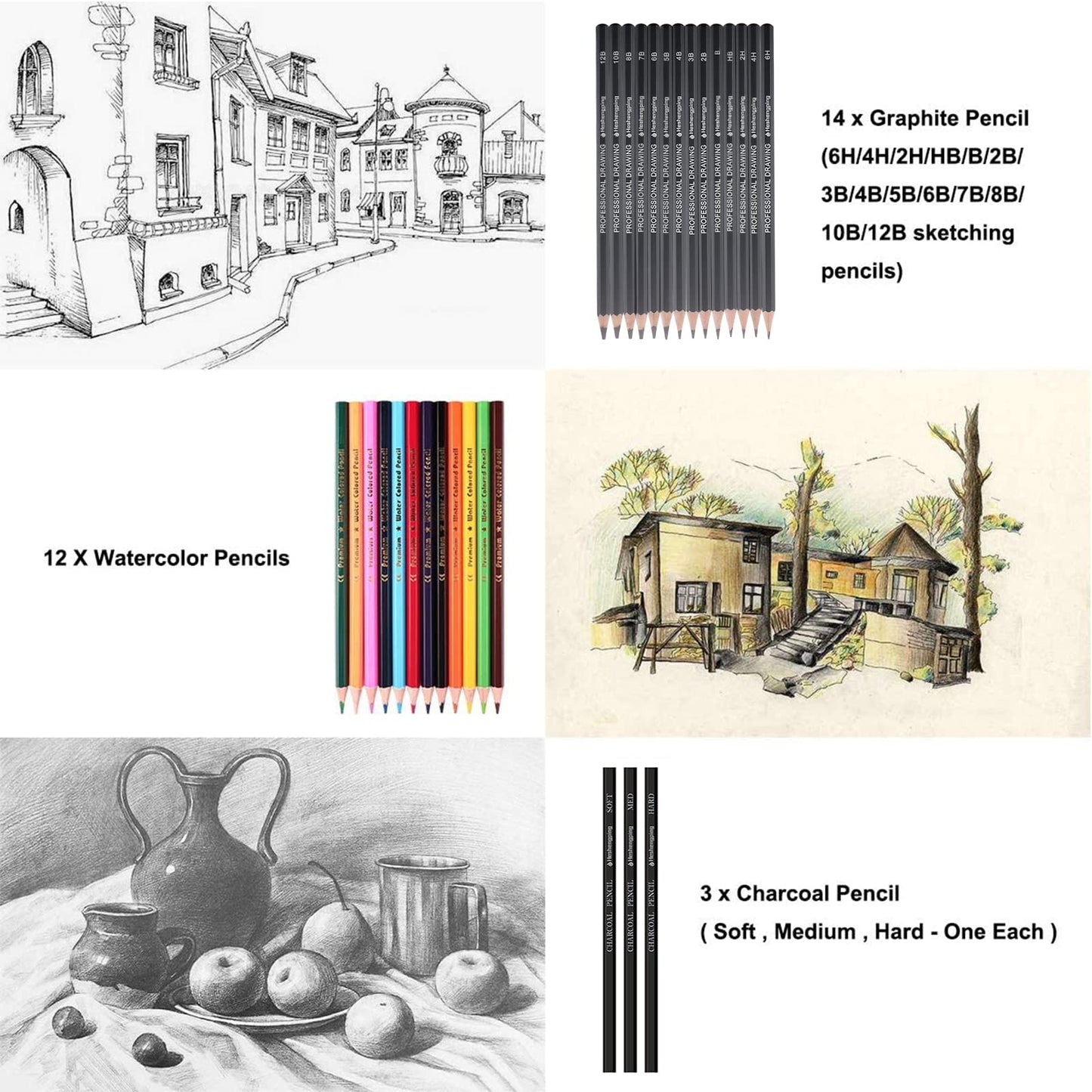41pcs Sketching Pencil Set Drawing Sketch Kit Graphite Pencils Charcoal Pencils Watercolor Pencils Blending Stumps 50page sketchbook, coloring book, Beginners Artist Teens and Adults