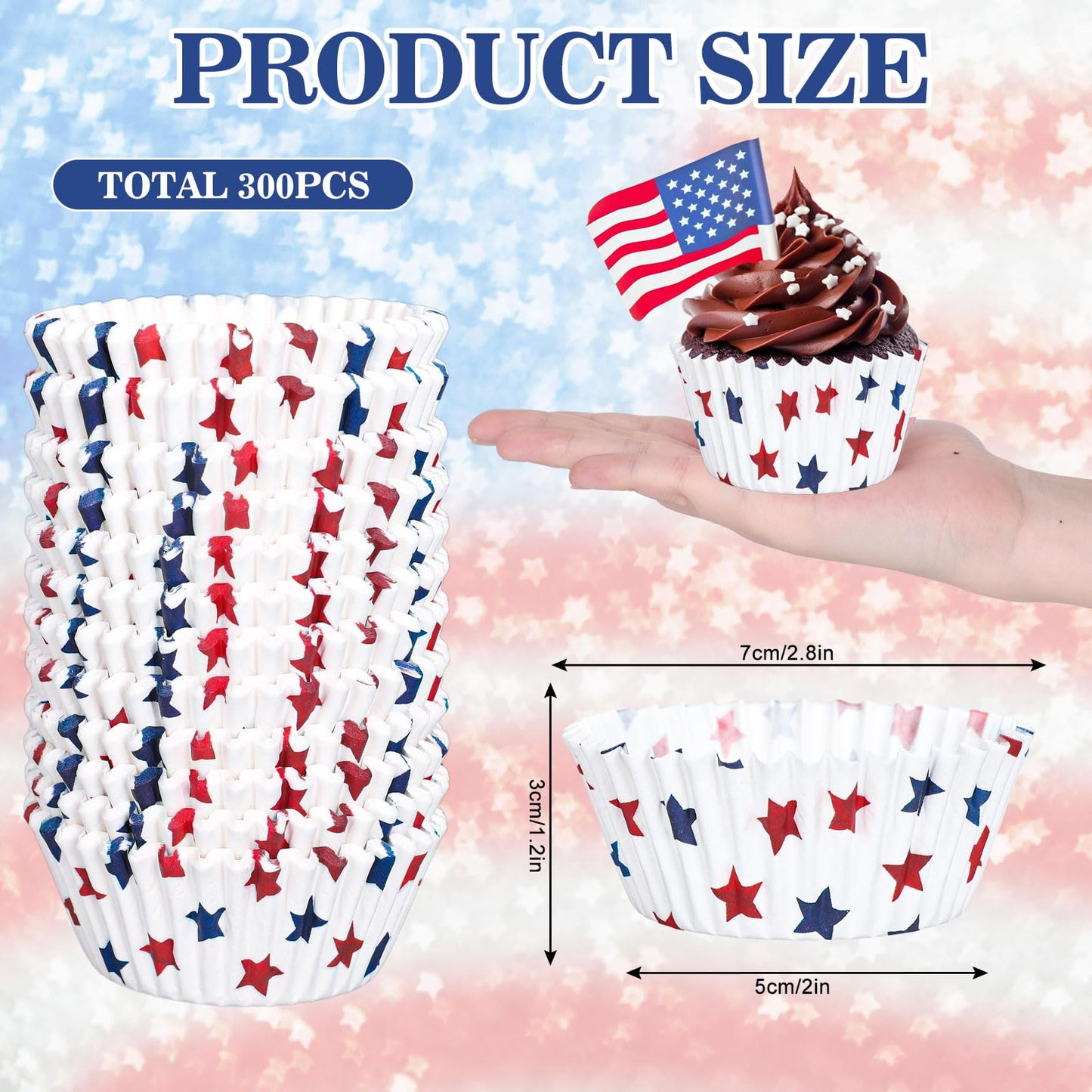 JarThenaAMCS 300Pcs Patriotic July 4th Cupcake Liners Red Blue Stars Paper Baking Cups Independence Day Standard Muffin Cupcake Wrappers for 250th Anniversary Memorial Day Party Supplies Table Decor