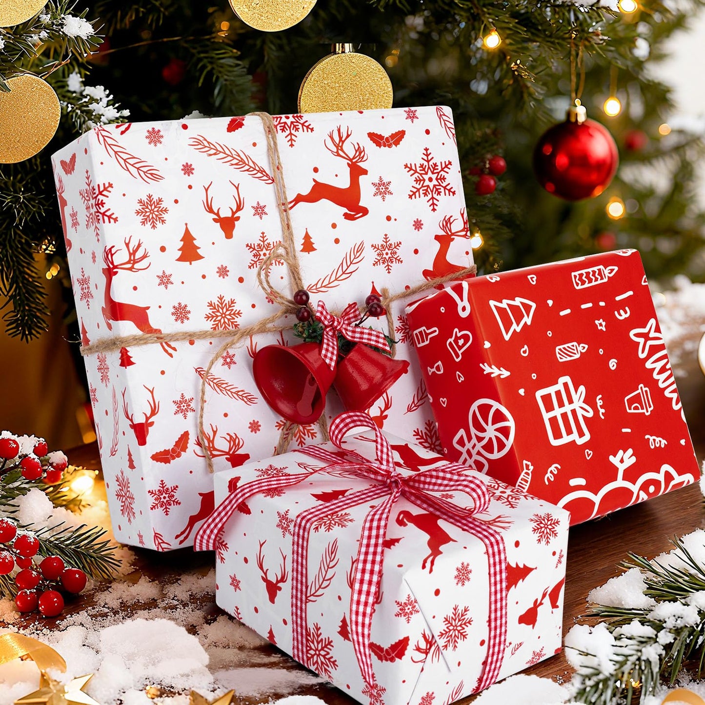 Reversible Christmas Wrapping Paper, Santa Gift Wrapping Paper Roll, Red White Reindeer and Snowflake Wrapping Paper for New Year, Holiday, Party, 17 Inch X 32.8 Feet