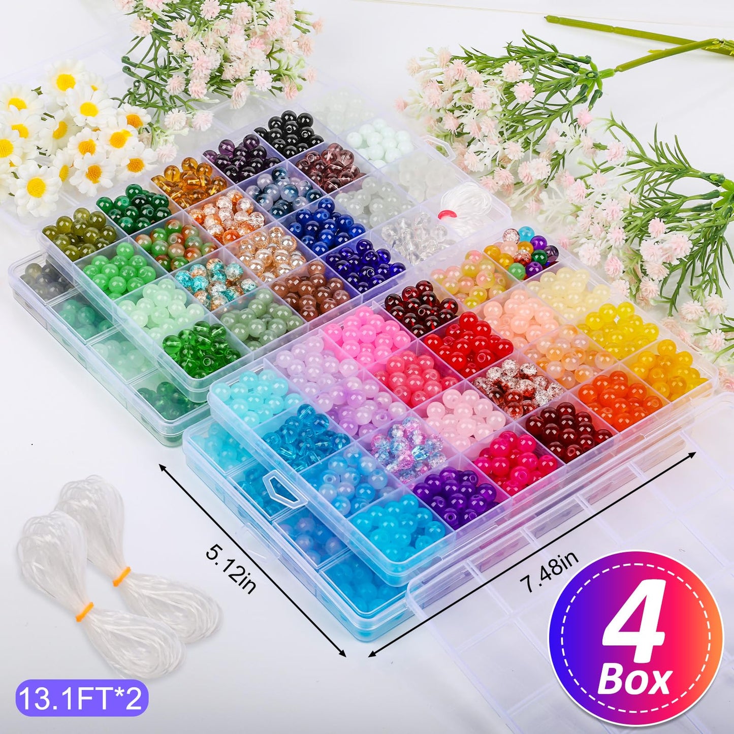 2400 PCS 8mm Glass Beads Bracelet Making Kit, 47 Colors Crystal Beads for Jewelry Making and DIY Crafts，4 Box Round Beads