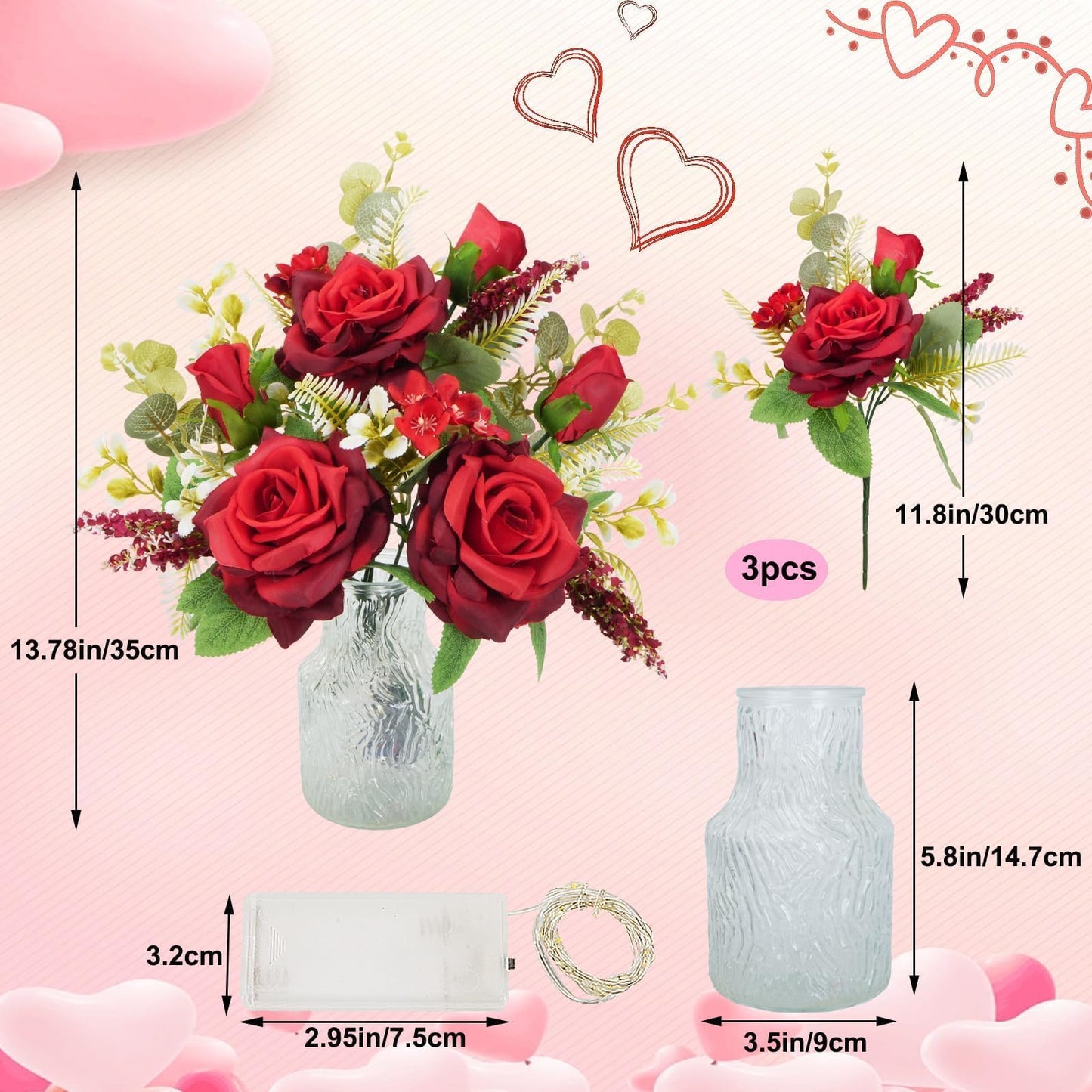 Valentine Centerpieces for Tables Valentines Day Flowers in Vase Red Artificial Roses with Light Valentine's Day Decorations for Wedding Party Kitchen Dining Room Home Decor