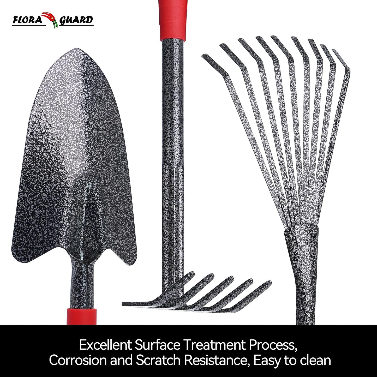 FLORA GUARD 6-Piece Garden Tool Set, Heavy Duty Gardening Hand Tools,Includes Trowel, Rake, 2-in-1 Hoe & Crack Weeder, Durable Yard Gardening Tools, Ideal Gardening Gift for Men & Women
