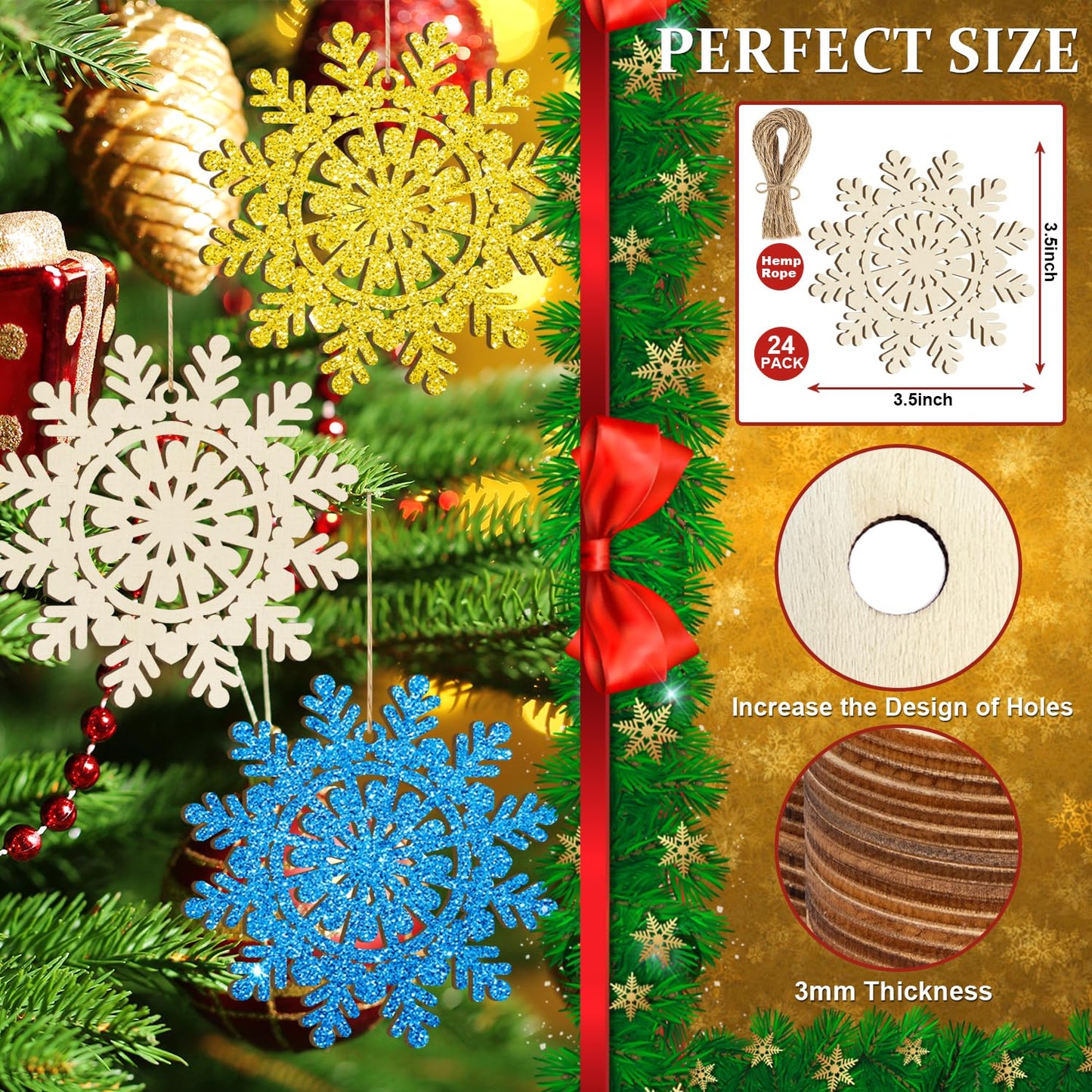 Wooden Christmas Snowflake Ornaments to Paint Christmas Winter Decoration Cutouts Unfinished 24PCS 3.5 inches, DIY Blank Unfinished Christmas Tree Ornament for Home Snowflakes Crafts Hanging