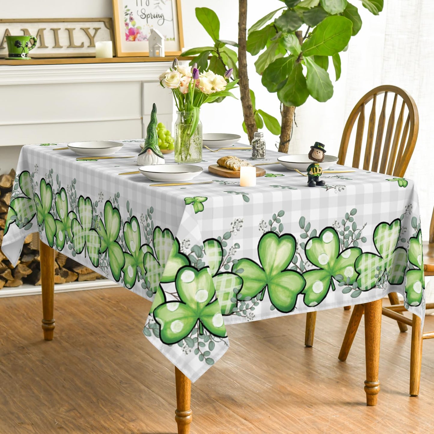 St. Patrick's Day Rectangular Tablecloth 60×84 Inch, Buffalo Plaid Shamrock Eucalyptus Washable Table Cover for Party Picnic Dinner Decor