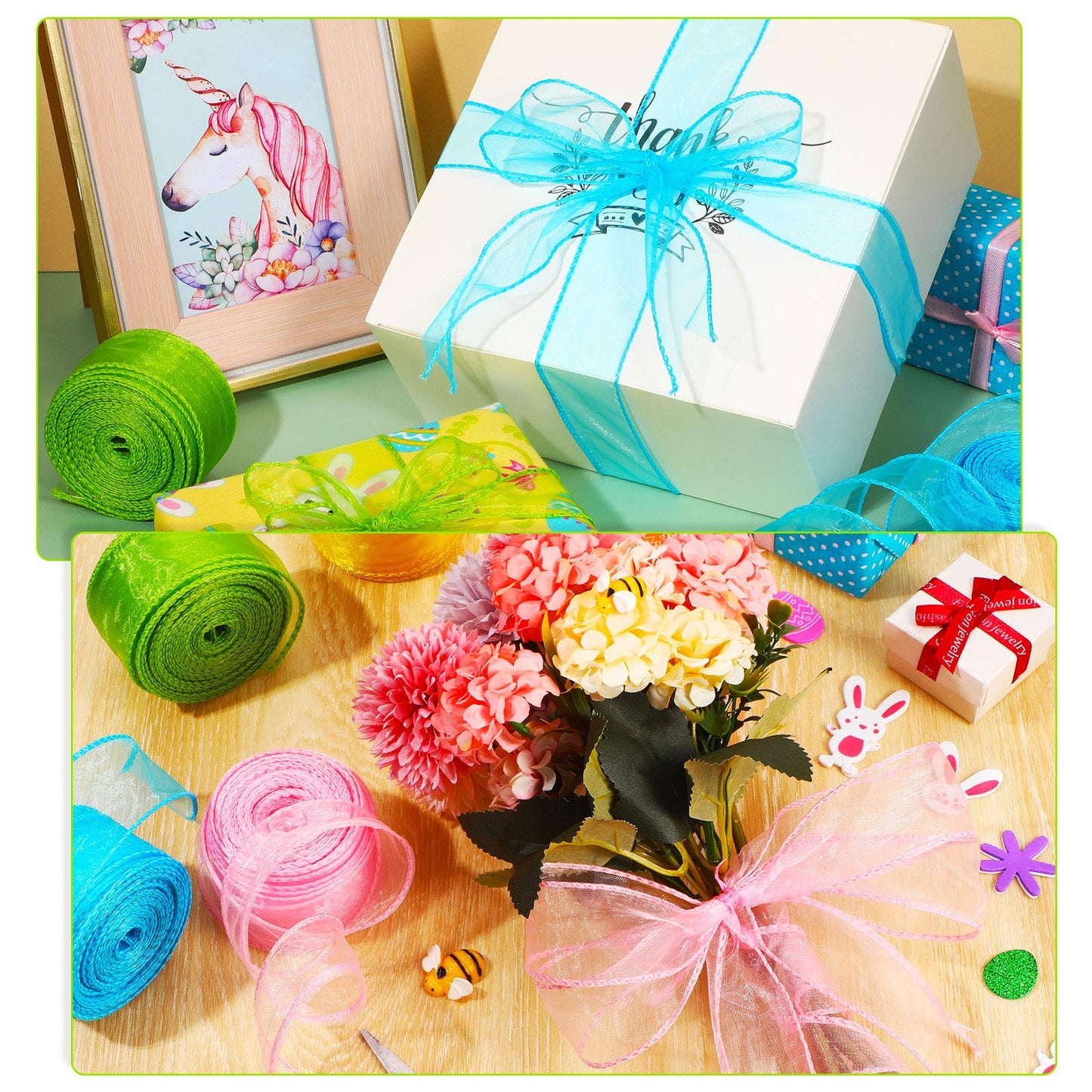 4 Rolls x 80 Yards Easter Sheer Organza Wired Ribbon, Chiffon Wired Ribbon for Wrapping Making Bows, Wreaths, Bouquet Wrapping, Decoration, DIY Crafts