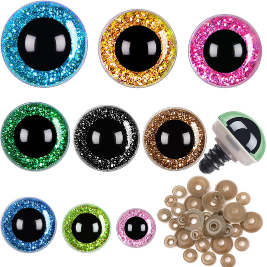UPINS 180 Pieces 10-35 mm Large Safety Eyes with Washers for Amigurumi Stuffed Animal Plastic Craft Doll Crochet Eyes for DIY of Puppet, Bear, Toy Making Supplies (Assorted Colors)