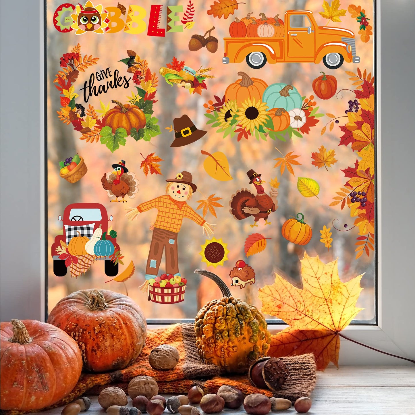 145PCS Thanksgiving Window Clings, Fall Window Decorations Pumpkin Fall Leaves Window Stickers Decals Gobble Turkey Stickers Thanksgiving Decor for Home Office Classroom