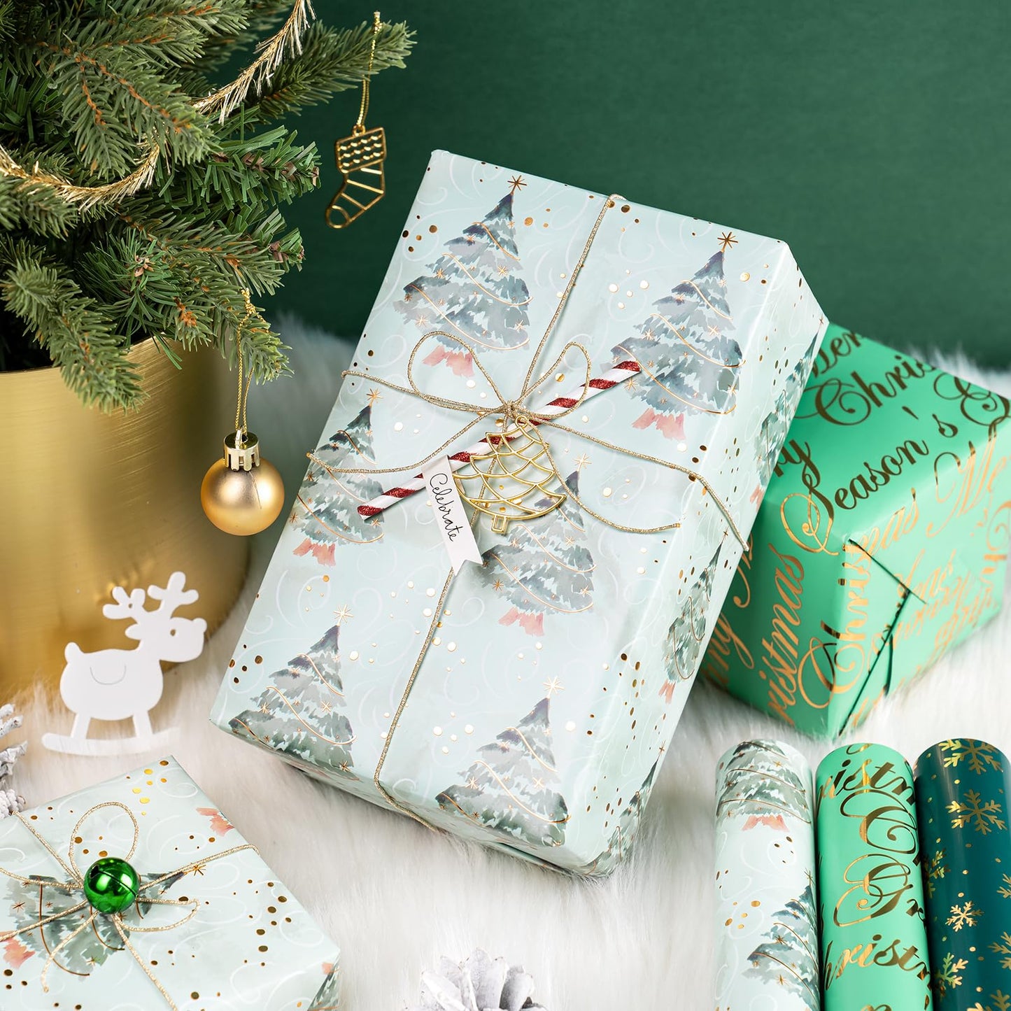 Christmas Wrapping Paper - 3 Rolls, 17 Inch X 120 Inch Each - Green Foil Christmas Tree, Snowflake Designs with Metallic Shine - Perfect for Christmas, Holiday