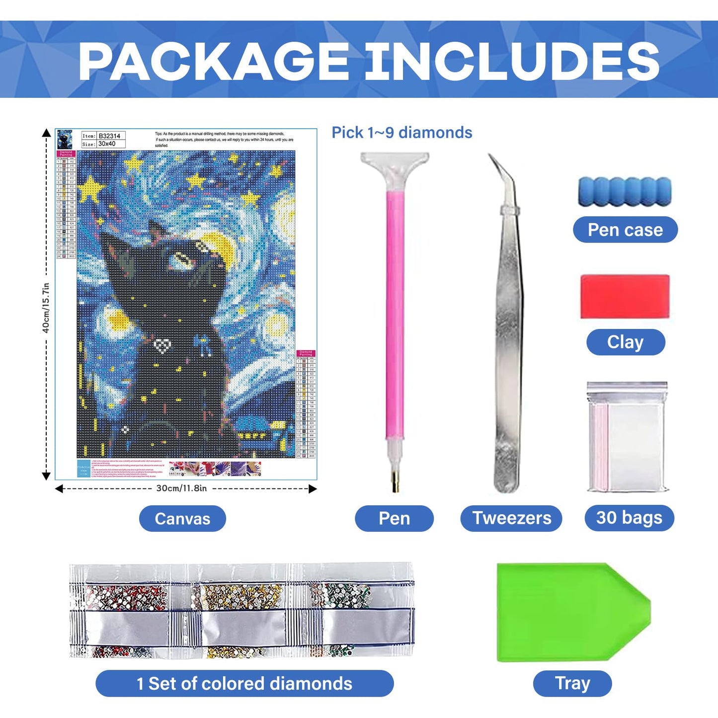 Yunnuo DIY 5D Diamond Painting Kits, Black Cat Diamond Art Kits for Adults, Full Drill Diamond Dots Gem Paintings Canvas for Beginners, Perfect for Festival Home Wall Decor 12x16inch (Starry Night)
