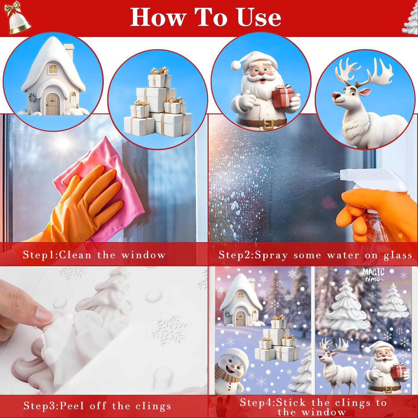 CCINEE 180pcs Christmas Window Clings，Xmas Large Window Static Stickers Snowman Santa Snowflake Reindeer Decals for Xmas Party Decorations（8 Sheets）