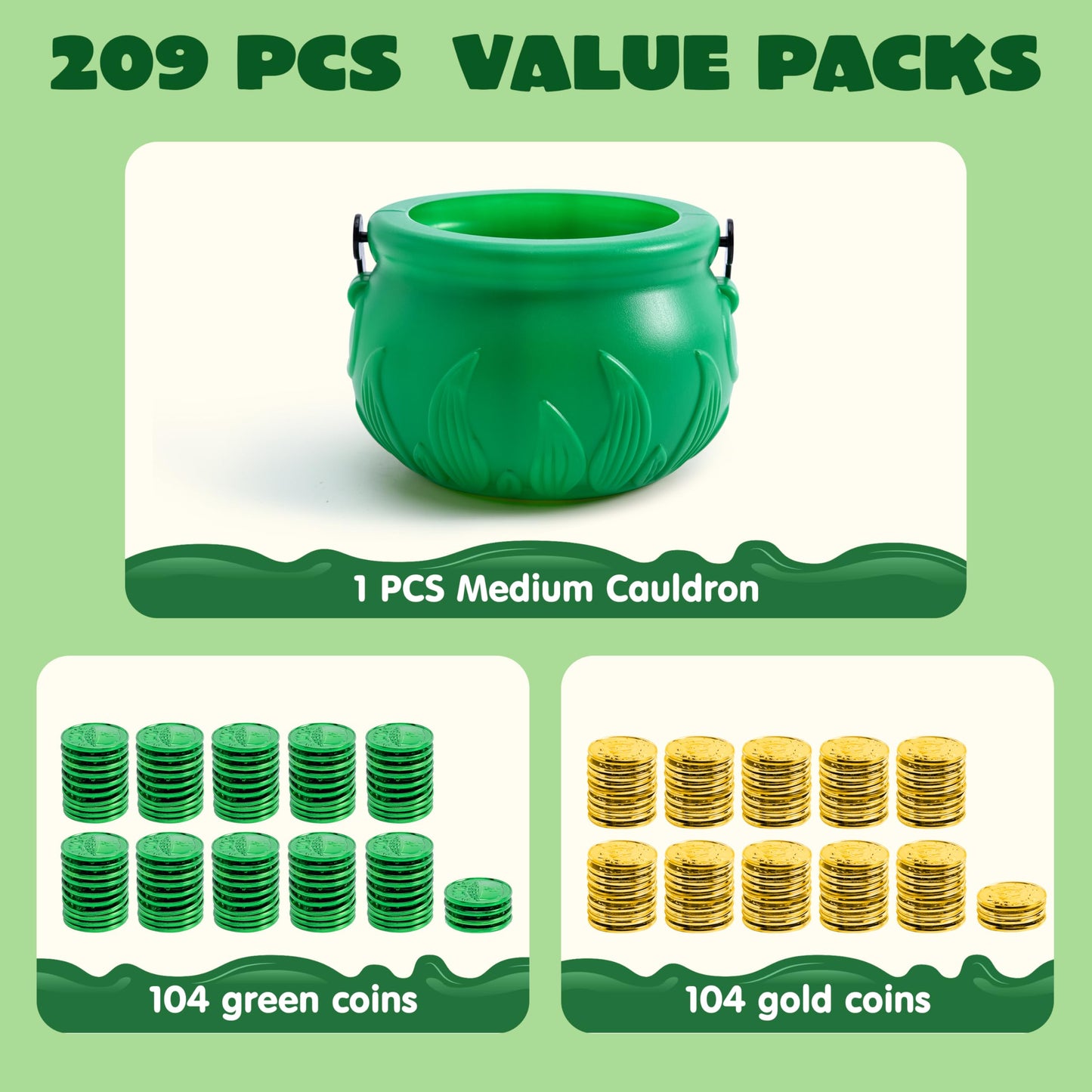 JOYIN 208 St Patrick’s Day Lucky Leprechaun Plastic Coins and 1 Large Green Cauldron with Handle Saint Patricks Pot of Gold Party Supplies